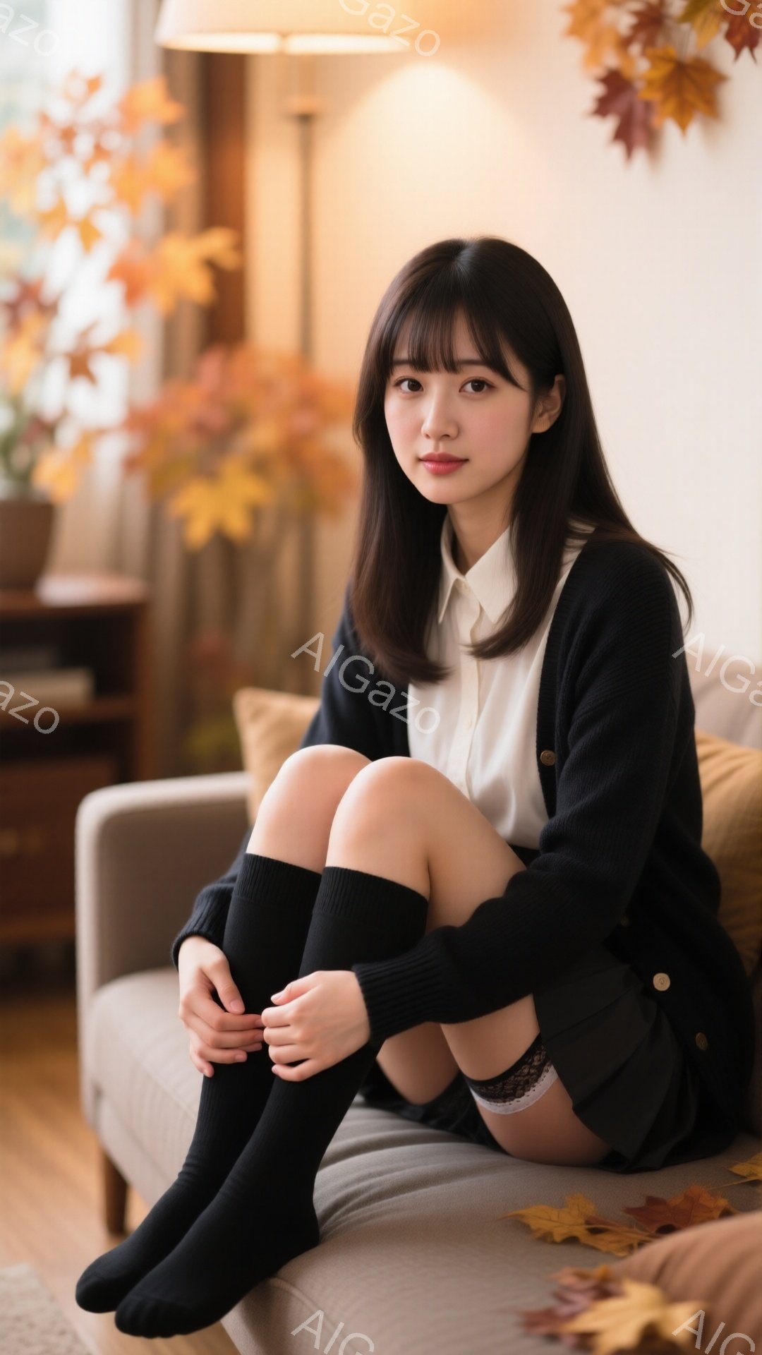 長い黒髪で前髪を作った若い女性が、クリーム色のソファに座って膝を抱えています。白いシャツに黒いカーディガン、黒いニーハイソックスを着用し、表情は穏やかです。背景には木製の棚と、落ち葉が散らばった室内が - AI生成フリー素材