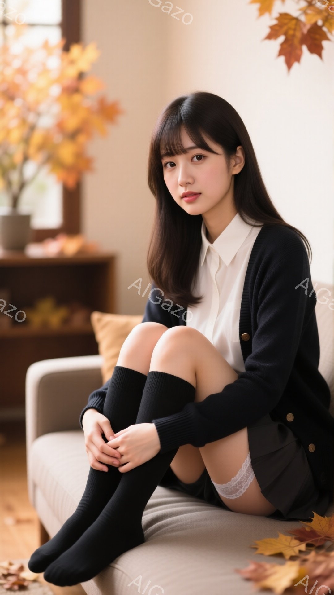 長い黒髪で前髪が目にかかる女性が、ベージュのソファに座って膝を抱えています。白いシャツに黒いカーディガンとスカート、そして黒いソックスを履いています。背景には木製の家具と紅葉した葉があり、秋らしい暖か - AI生成フリー素材