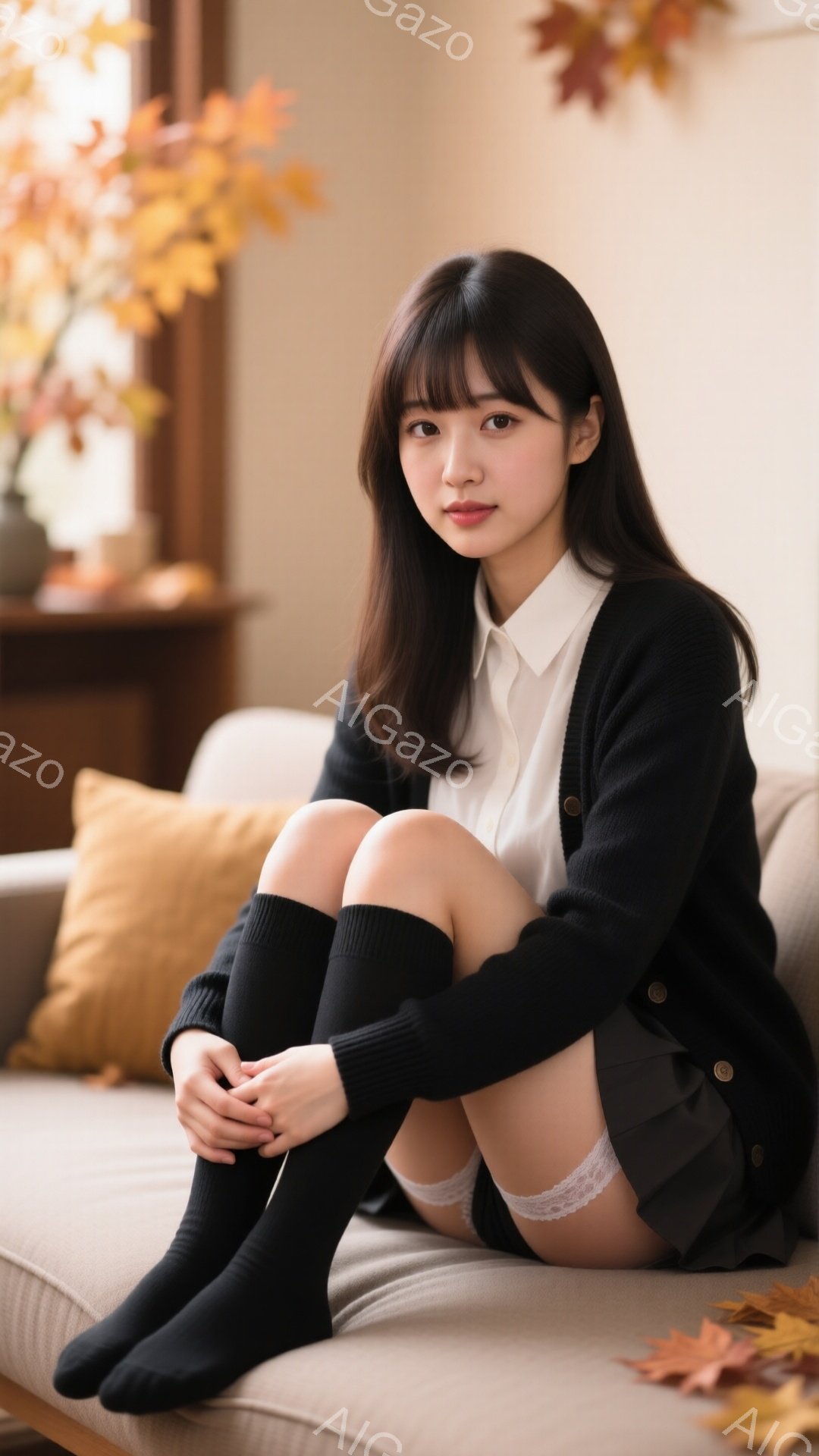 画像には、黒いニーハイソックスとカーディガン、白いシャツ、グレーのスカートを身につけた若い女性が写っています。彼女はソファーに座って膝を抱え、穏やかで少し物憂げな表情をしています。背景には、紅葉した枝 - AI生成フリー素材