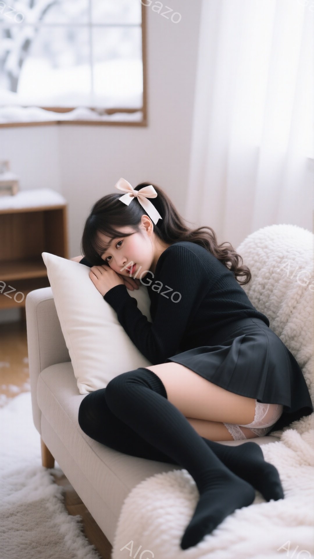 黒い長袖のセーターとミニスカート、ニーハイソックスを着用した若い女性が、オフホワイトのソファに寄りかかって座っています。彼女は茶色の髪をリボンでまとめ、穏やかな表情で肘をついて頬を支えています。背景に - AI生成フリー素材