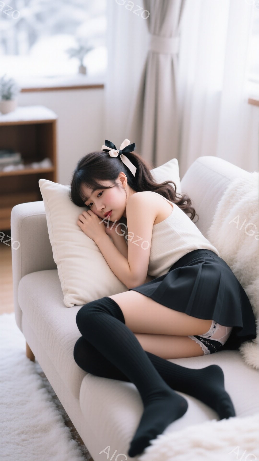 黒髪の女性がベージュ色のソファに横たわり、頭の下に白い枕を置いています。彼女は白いトップスと黒いミニスカート、そして黒いニーハイソックスを着用しており、少し憂いのある表情でカメラを見つめています。背景 - AI生成フリー素材