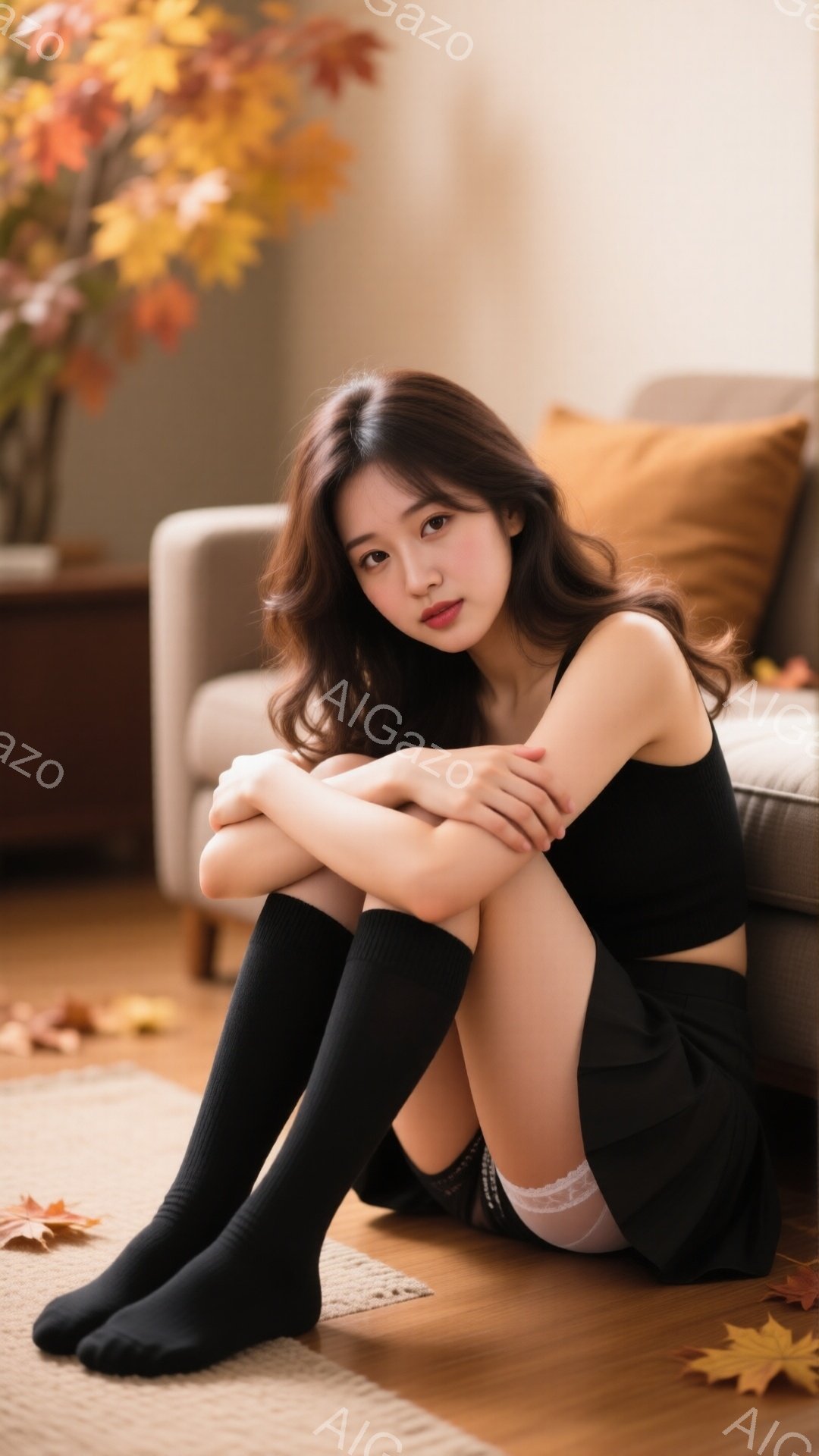 長い茶髪の女性が床に座り、膝を抱えています。黒のキャミソールとプリーツスカート、そして黒のソックスを履いています。背景には、暖色系のソファと秋の落ち葉が散らばっており、室内は温かく落ち着いた雰囲気が漂 - AI生成フリー素材