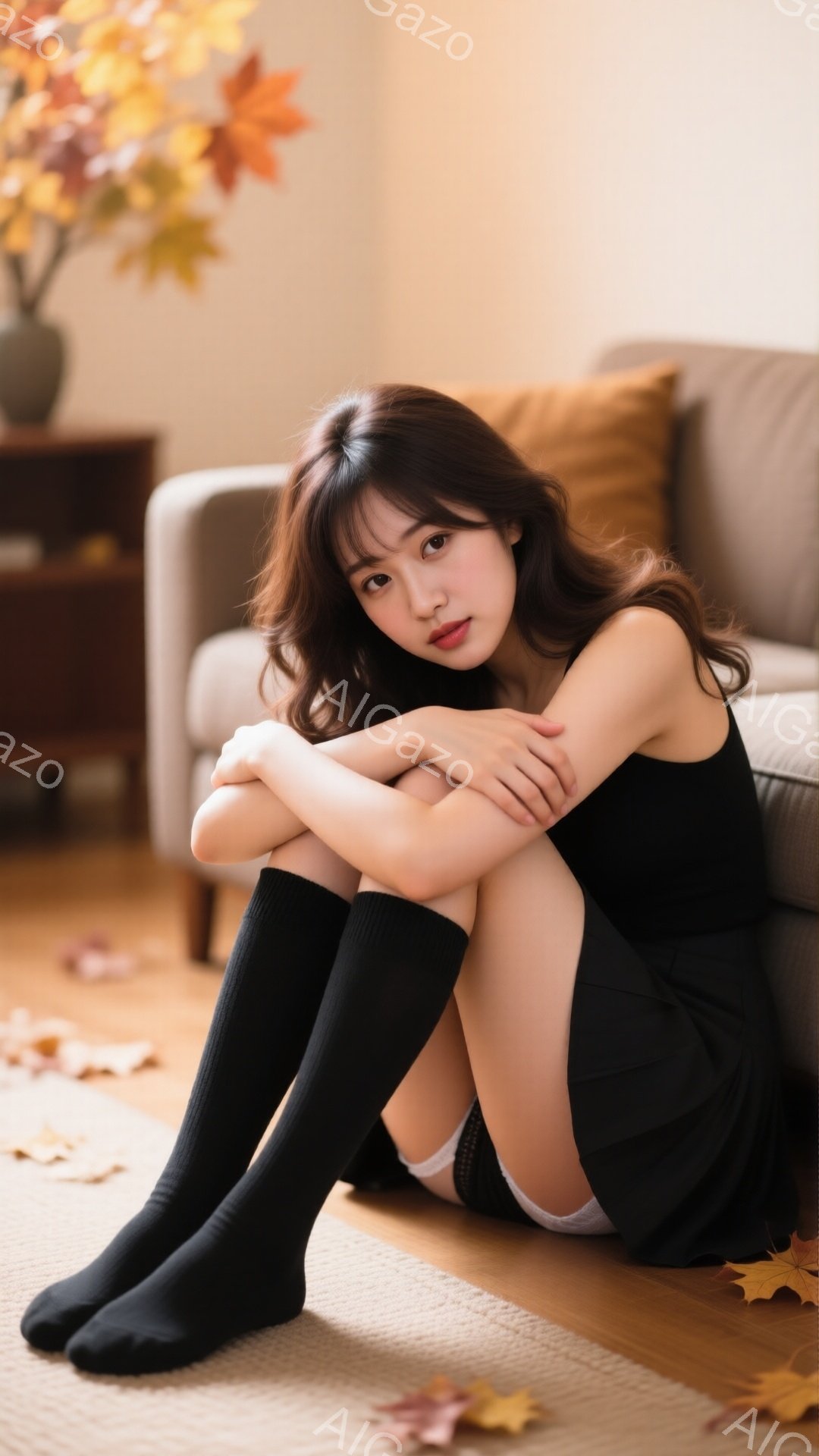 明るい室内で、若い女性が床に座り、膝を抱えています。黒いトップスとスカート、そして黒い靴下を履いており、少し肌が見えています。背景にはベージュのソファと、秋らしい紅葉の装飾があり、全体的に暖かく、少し - AI生成フリー素材