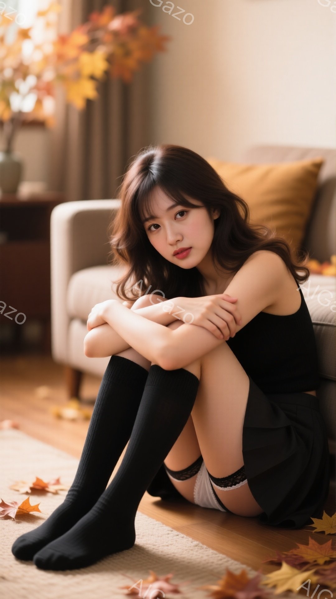 長いダークブラウンの髪を無造作に肩にかける女性が、膝を抱えて床に座っている。黒のニットトップスとプリーツスカート、そして黒のニーハイソックスを身に着けており、足元には紅葉の落ち葉が散らばっている。背景 - AI生成フリー素材