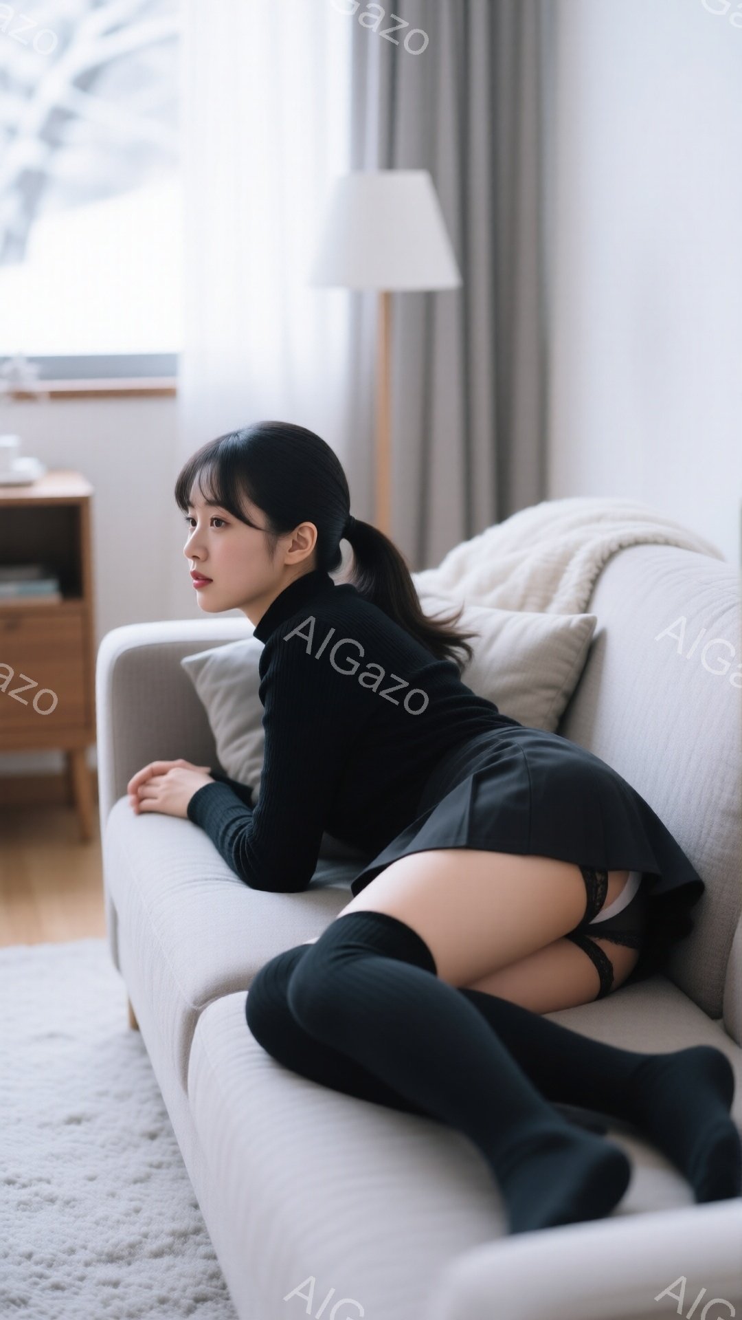 黒いタートルネックセーターとミニスカート、膝丈の黒い靴下を着用した女性が、明るいベージュ色のソファに横たわっています。彼女は少し体をひねり、リラックスしたポーズで肘をついて、少し微笑んだ表情をしています。背景にはシンプルな木製の家具や窓があり、柔らかい自然光が差し込み、全体的に落ち着いた雰囲気です。