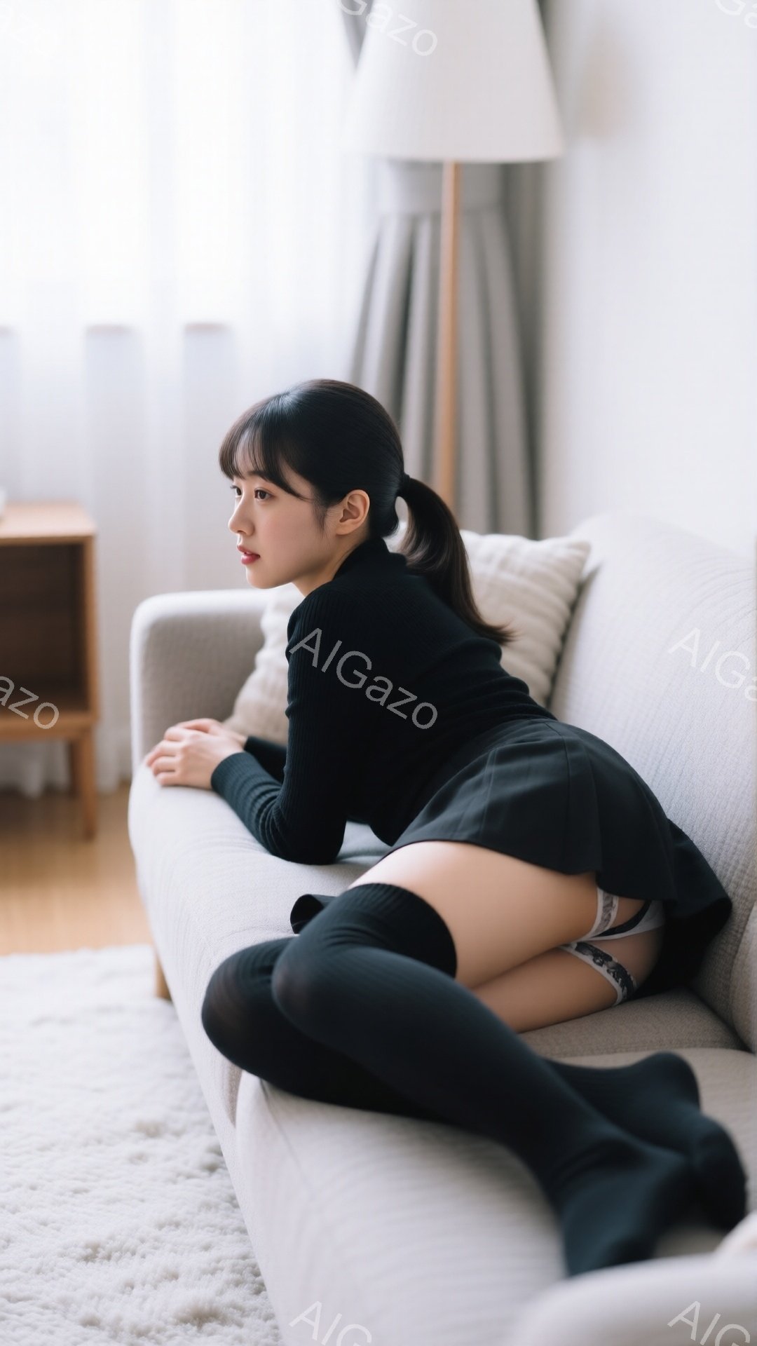 黒い長袖トップスとミニスカート、そして黒いニーハイソックスを身に着けた女性が、灰色のソファに横たわっています。彼女は片手をソファに添え、後ろを向き、わずかに顔をこちらに向けています。室内は暖色系の木製家具と明るい光で、リラックスした雰囲気が漂っています。