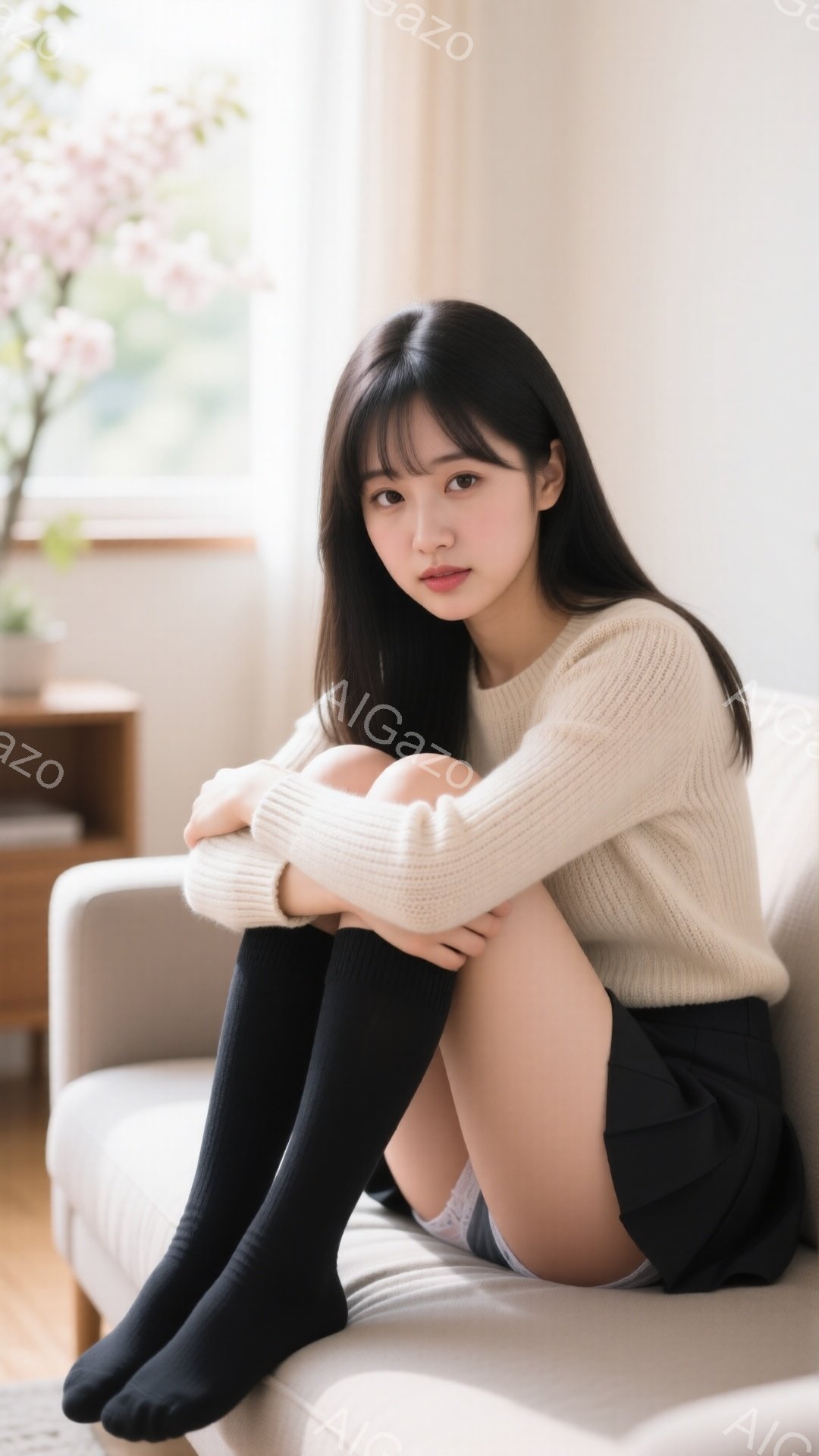 長い黒髪の女性がベージュのセーターと黒い膝下ソックスを履いて、白いソファに座って膝を抱えています。彼女は控えめで物憂げな表情をしており、背景には木製の棚と桜の枝が見えます。室内は明るく、暖かく、くつろ - AI生成フリー素材