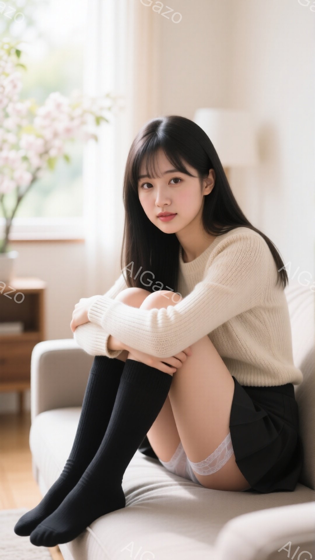 黒髪の女性がベージュのソファに座り、膝を抱えています。オフホワイトのセーターと黒いソックスを履き、短い黒いスカートを着用しています。背景には木製のキャビネットと桜の枝が少し見え、全体的に柔らかく穏やかな雰囲気が漂っています。