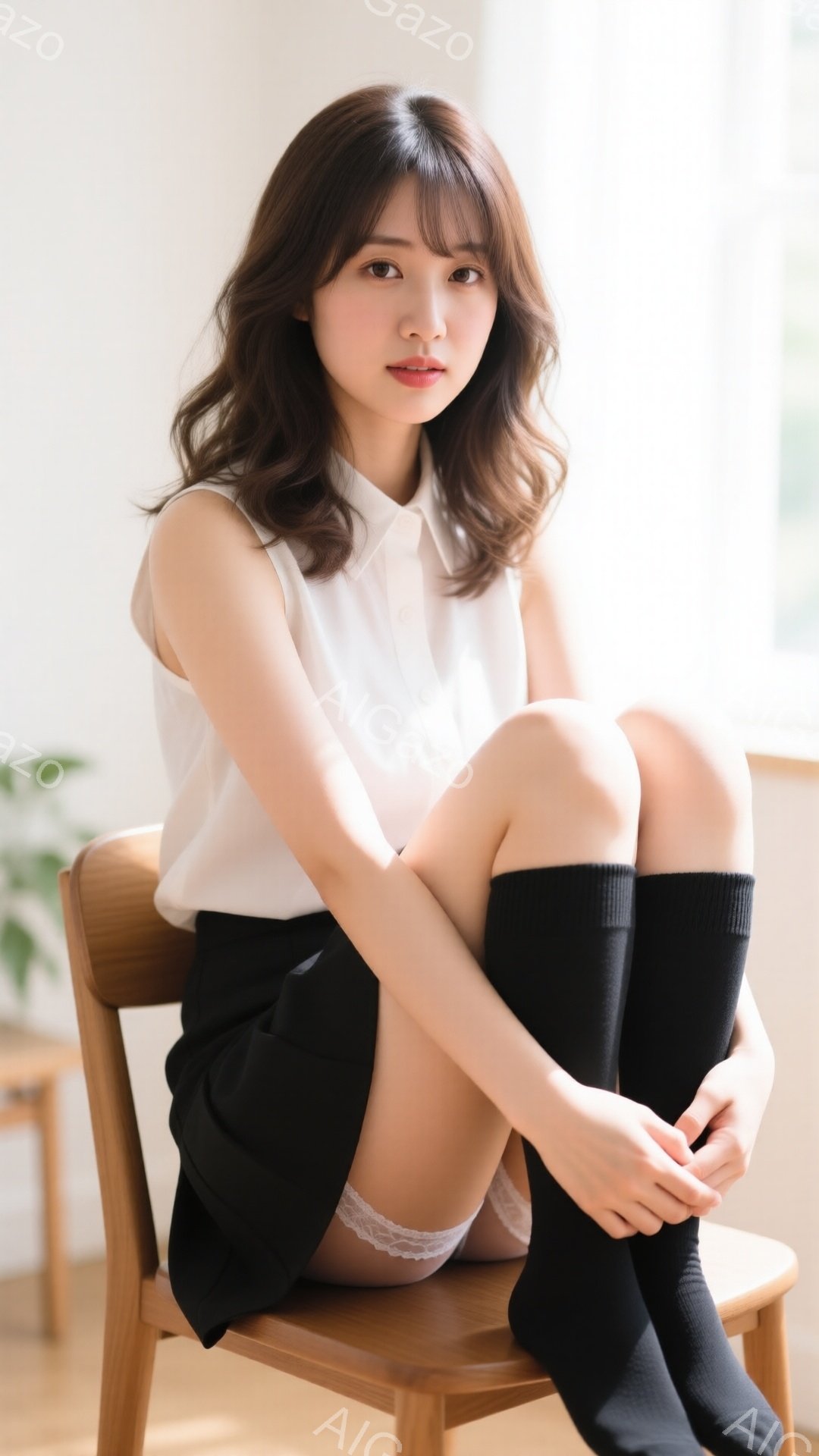 明るい光が差し込む室内で、若い女性が椅子に座っています。白いブラウスと黒いミニスカート、膝丈の黒いソックスを着用しており、膝を曲げて抱えています。背景には植物が見え、全体的に穏やかで可愛らしい雰囲気です。