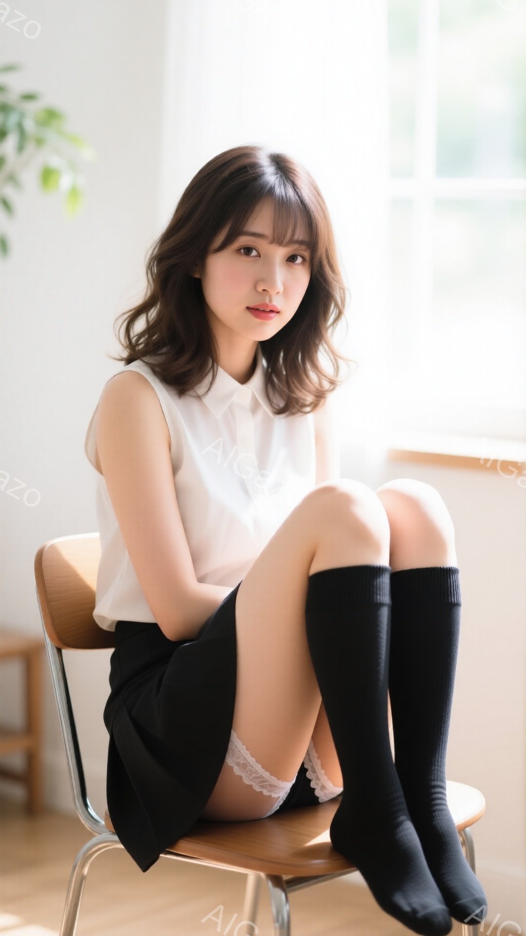 長い茶色の髪は軽くカールし、前髪が顔にかかっています。白いブラウスと黒いミニスカート、そして黒いニーハイソックスを着用し、椅子に座って膝を抱えています。背景は明るい部屋で、窓から自然光が差し込み、全体的に穏やかで柔らかい雰囲気です。