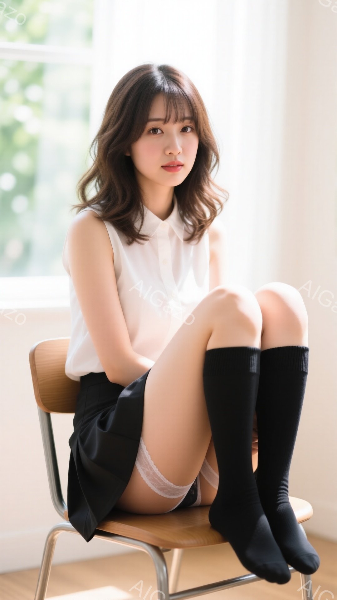 長い茶色の髪を無造作に肩にかける女性が、木製の椅子に座って膝を抱えています。白いブラウスと黒のプリーツスカート、膝上までの黒いソックスを履いており、白いレースのアンダーウェアがわずかに覗いています。背 - AI生成フリー素材