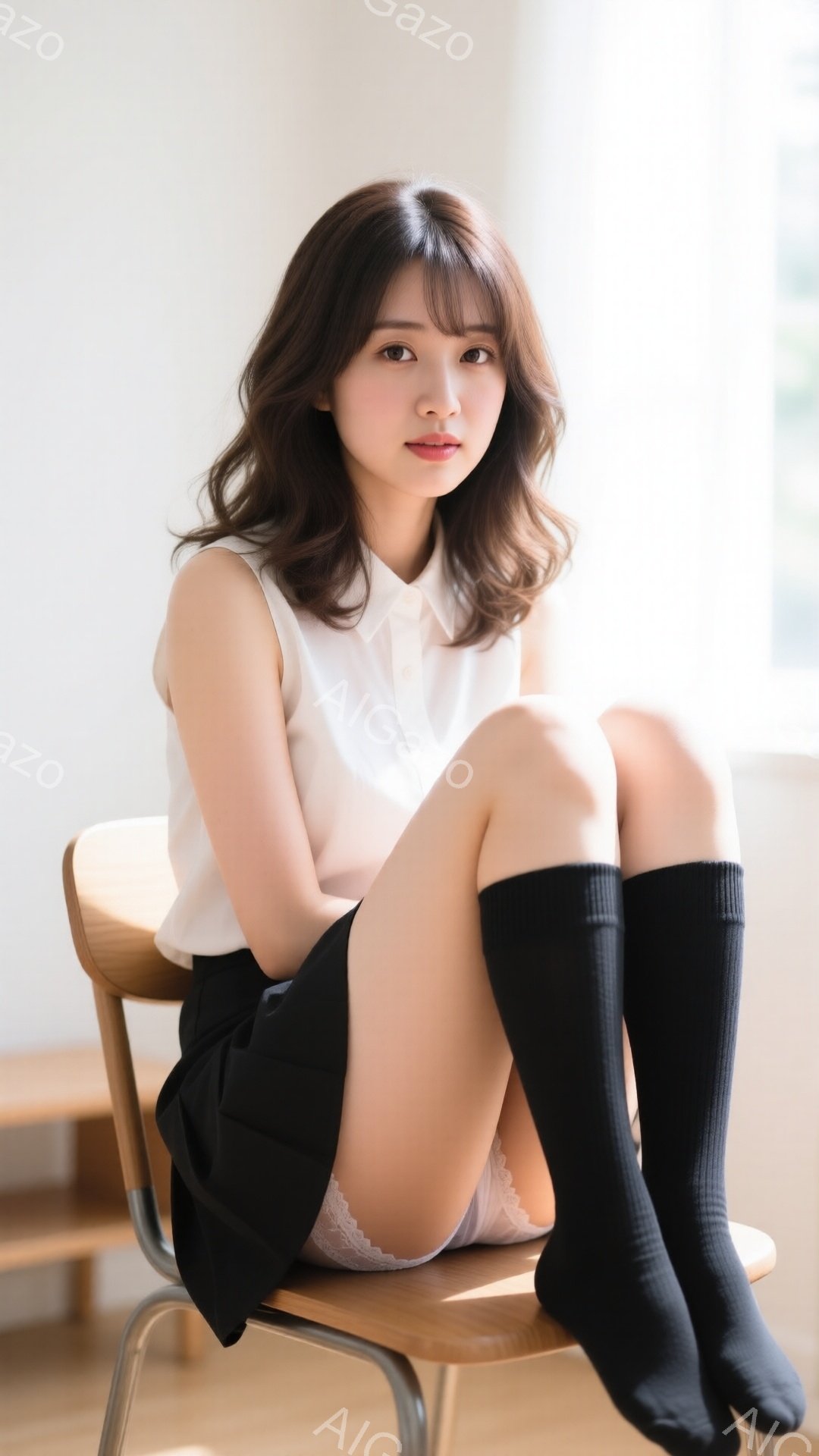 画像には、椅子に座っている若い女性が写っています。彼女は白いブラウスと黒のプリーツスカート、黒のソックスを履いており、微笑んでいます。背景はシンプルな部屋で、自然光が入っており、リラックスした雰囲気が - AI生成フリー素材