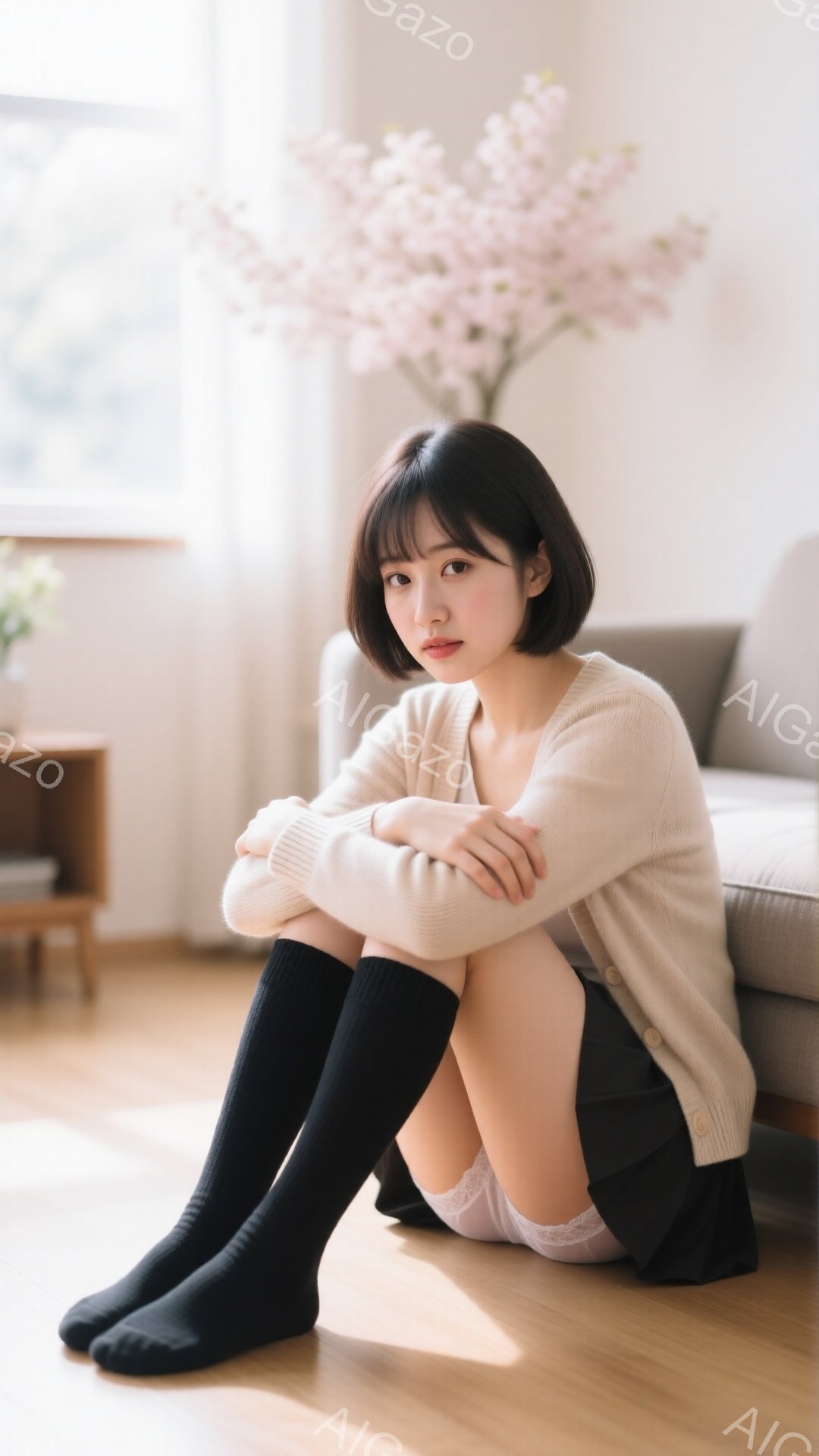 彼女は床に座り、膝を抱えています。ベージュのカーディガンを着ており、黒いオーバーニーソックスを履いています。背景には、薄いピンク色の花が飾られた棚と、穏やかな光が差し込む窓が見え、全体的に落ち着いた雰囲気を醸し出しています。
