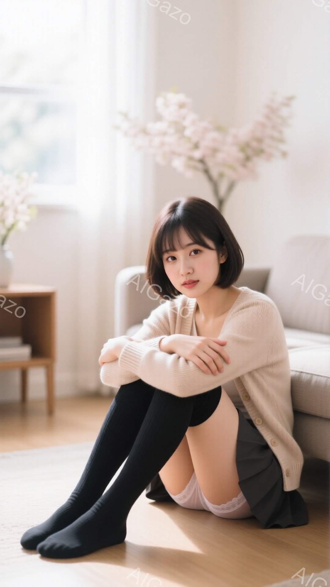 明るいリビングルームで、若い女性が床に座って膝を抱えています。ベージュのカーディガンにグレーのスカート、黒いニーハイソックスを履いており、少し微笑んだ表情をしています。背景には灰色のソファと、ピンク色 - AI生成フリー素材