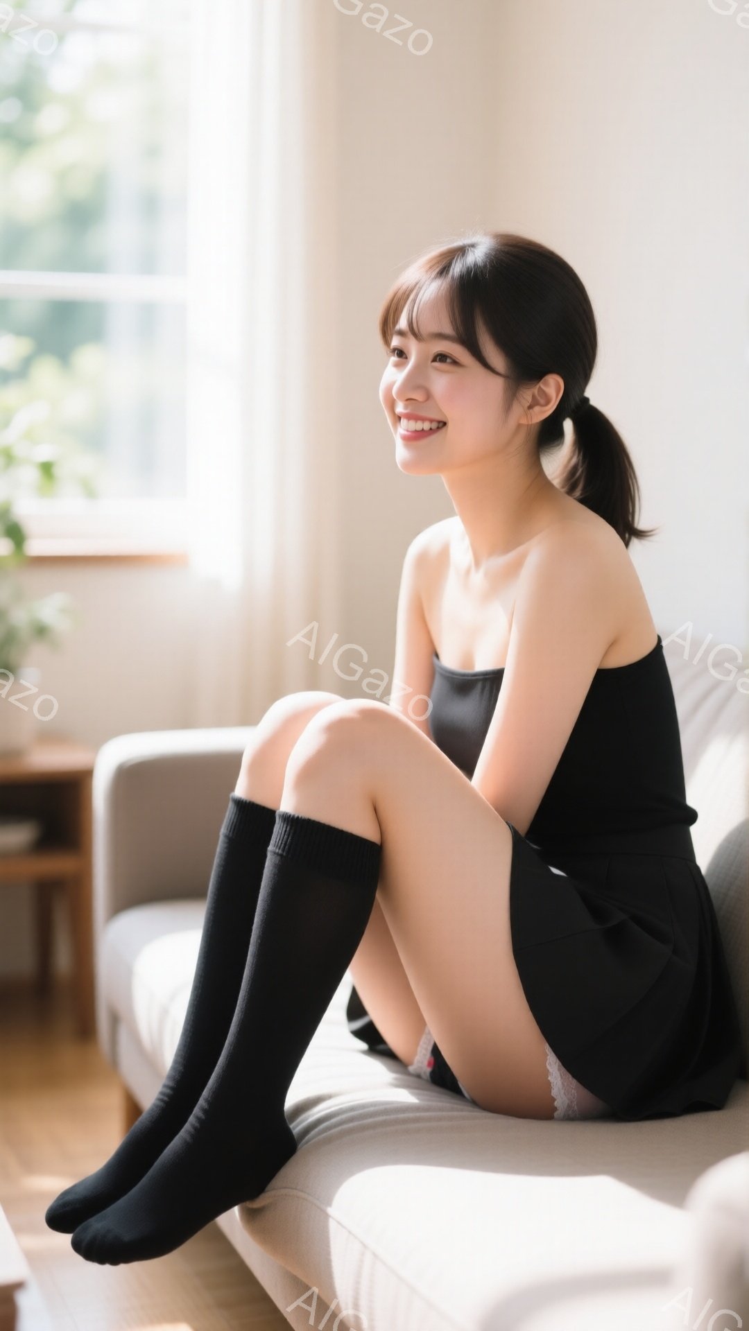 明るい室内で、黒い膝上ソックスと黒いキャミソールとミニスカートを着た若い女性がクリーム色のソファに座っている。彼女は軽く微笑み、右を向いており、髪は後ろでポニーテールに結ばれている。背景には木製の家具 - AI生成フリー素材