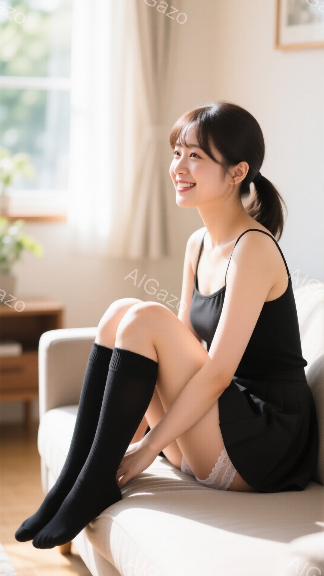 長い黒い靴下を履いた女性が、クリーム色のソファに座って足を組んでいます。彼女は黒いキャミソールと短いスカートを着ており、微笑んで遠くを見つめています。背景には木製の家具や植物が見え、全体的に明るく、リ - AI生成フリー素材