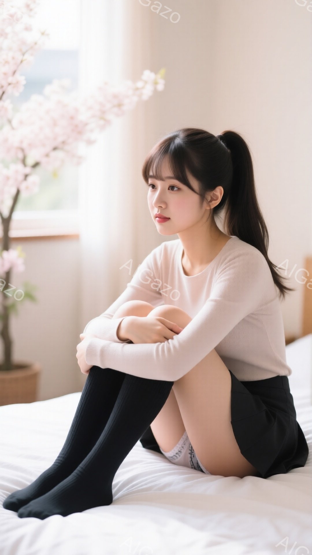 長い黒髪をポニーテールにし、前髪は眉毛にかかるようにカットされた女性が描かれています。ベージュの長袖トップスに黒いニーハイソックスを履き、膝を抱えて白いベッドに座っています。背景にはピンク色の花が咲き誇る桜の木が見え、柔らかく優しい雰囲気を醸し出しています。