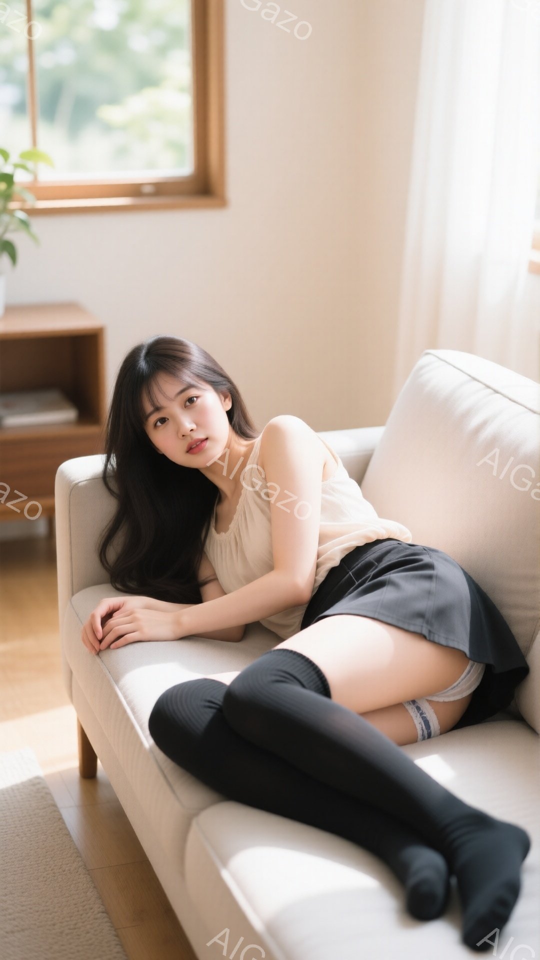 長い黒髪の女性が、クリーム色のキャミソールと黒いミニスカート、そしてニーハイソックスを身につけて、明るいベージュ色のソファに横たわっています。彼女はリラックスした姿勢で、片手を前に出し、穏やかな表情で - AI生成フリー素材