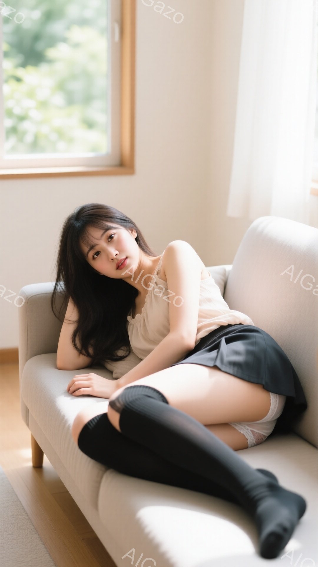 長い黒髪の女性が、薄いグレーのソファに横たわっています。白いトップスと黒いミニスカート、黒いニーハイソックスを身につけ、リラックスした表情でカメラを見つめています。背景には窓があり、日差しが差し込んで - AI生成フリー素材
