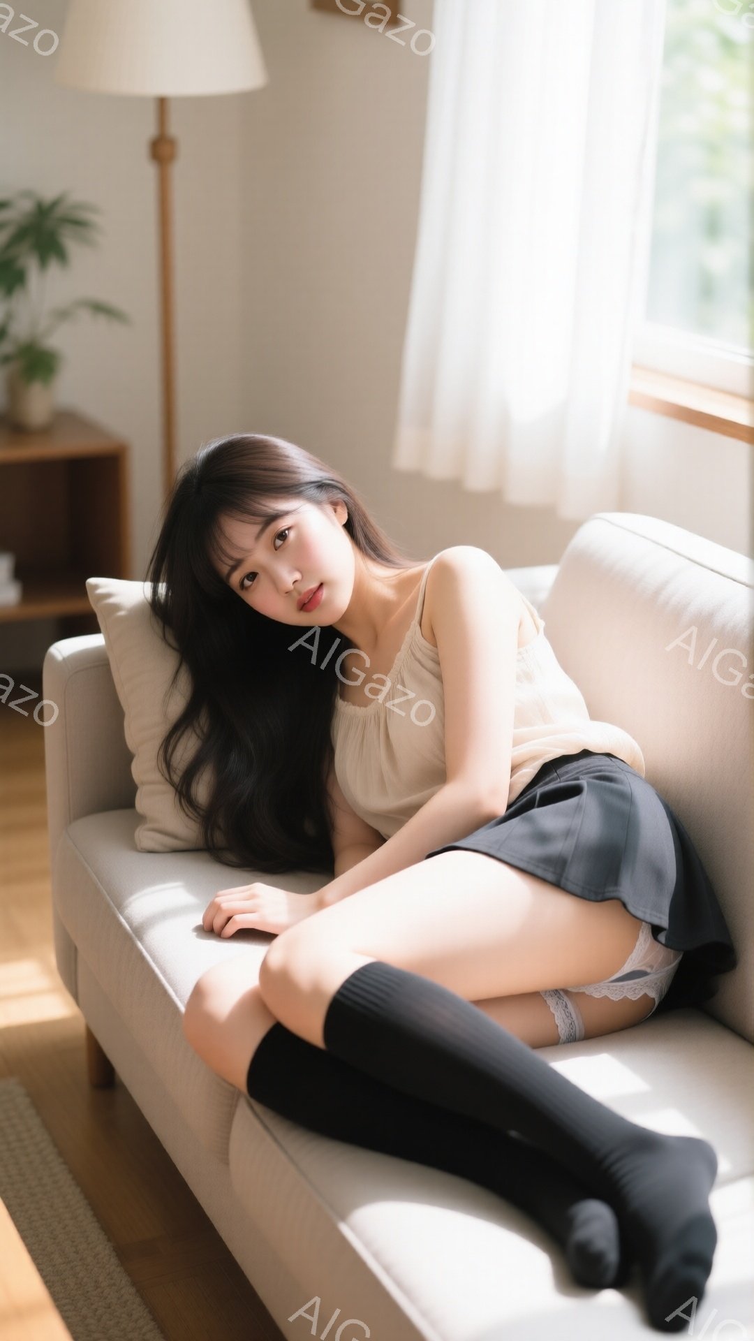 長い黒髪を無造作に垂らし、クリーム色のキャミソールと黒のミニスカート、そしてニーハイソックスを着用した若い女性が、明るいリビングルームのソファに横たわっています。彼女は少し微笑み、リラックスした姿勢で - AI生成フリー素材