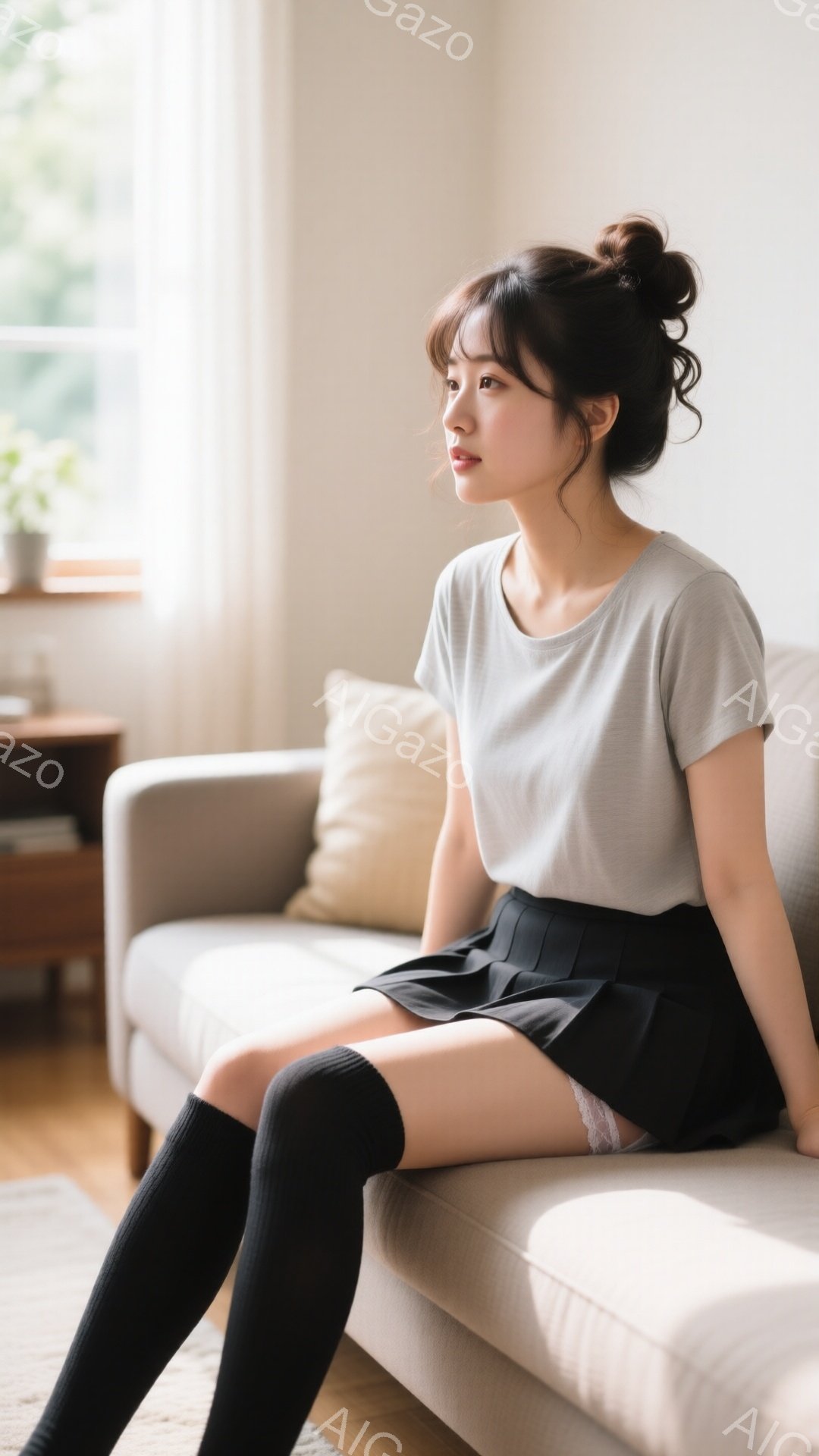 若い女性がベージュ色のソファーに座っており、グレーのTシャツと黒のプリーツスカート、黒いニーハイソックスを着用しています。彼女は髪を後ろでまとめ、横を向いて少し憂いを帯びた表情をしています。背景には窓 - AI生成フリー素材