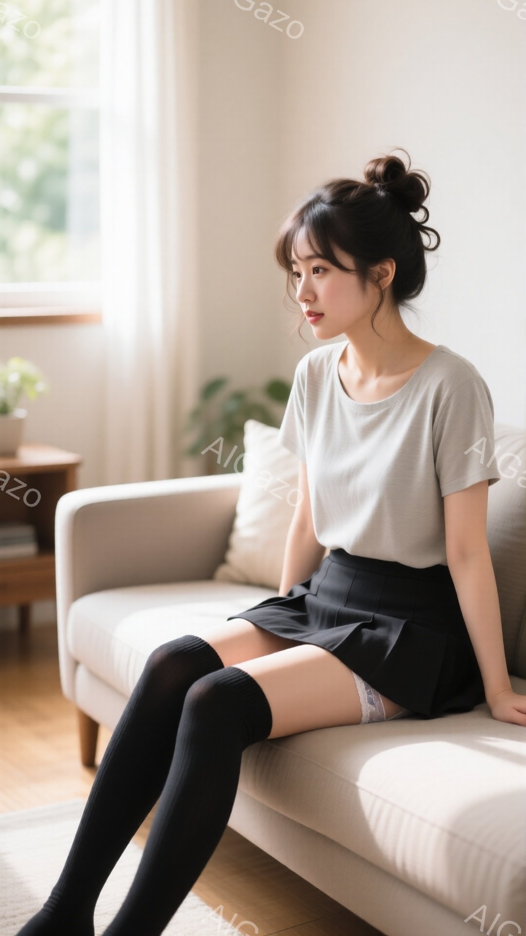 画像には、ベージュのTシャツと黒のプリーツスカート、そして黒のニーハイソックスを着用した若い女性が、クリーム色のソファに座っている姿が写っています。彼女は足を組み、少し憂いを帯びた表情で遠くを見つめて - AI生成フリー素材