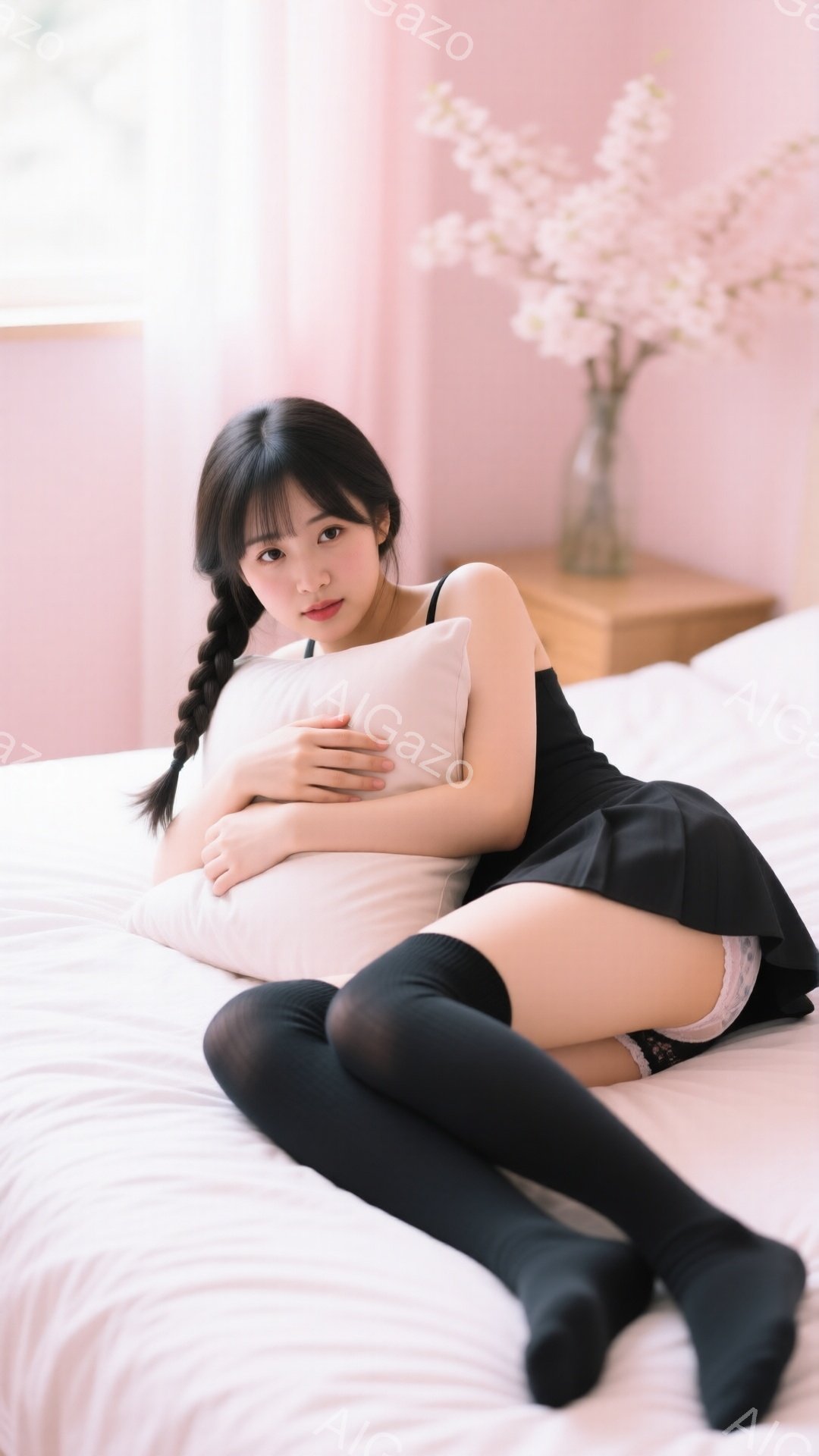 黒髪をサイドに編み込み、黒いニーハイソックスとミニスカートを身に着けた女性が白いベッドに横たわっています。彼女は白い枕を胸に抱き、わずかに微笑んでいます。背景には、ピンクの花が飾られたテーブルがあり、 - AI生成フリー素材