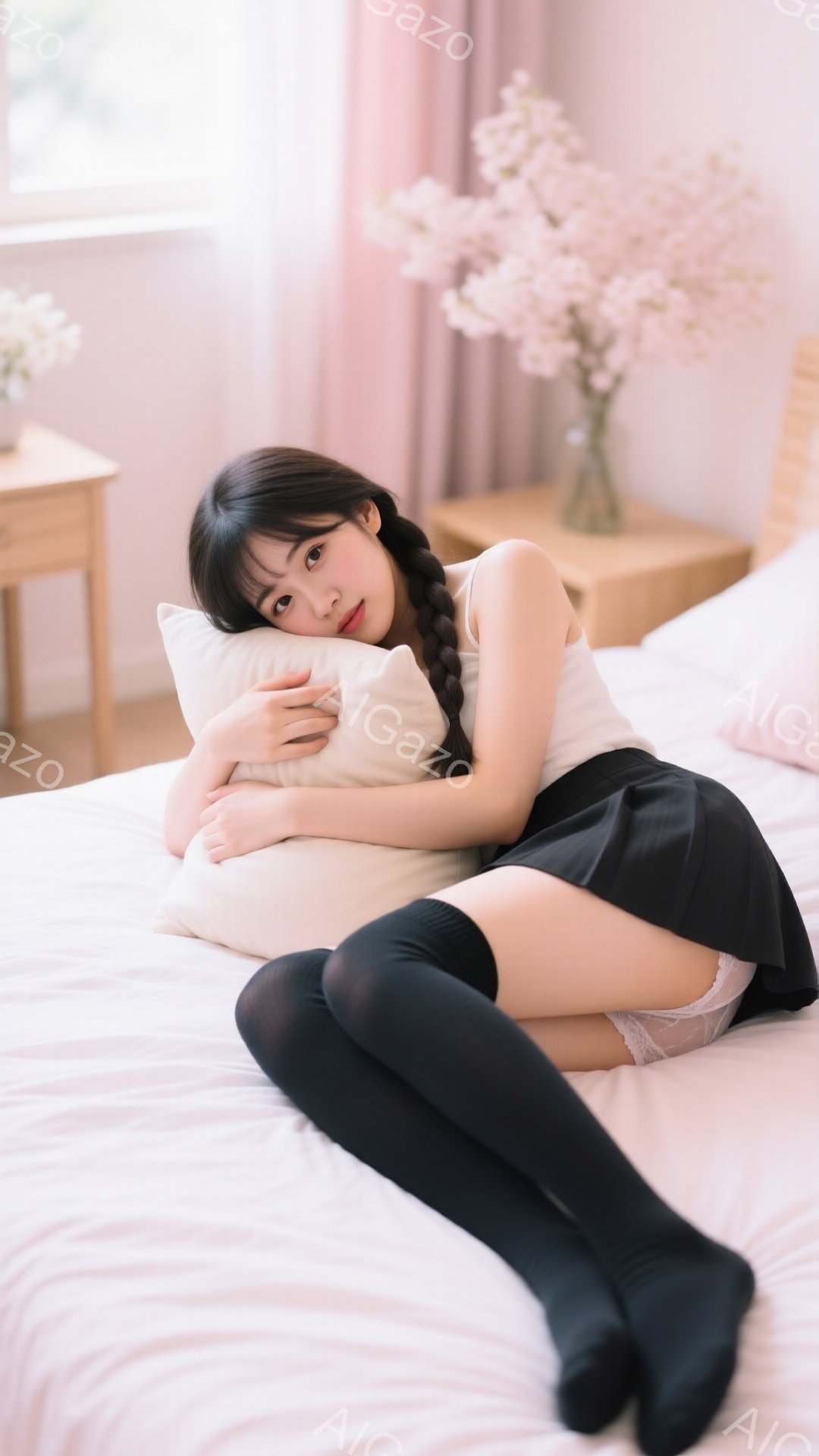 黒髪を三つ編みにした若い女性が、白いベッドに抱き枕を抱きかかえて横たわっています。黒いニーハイソックスと黒いミニスカート、白いタンクトップを着ており、少し微笑んでいます。背景には木製のナイトスタンドとピンク色の花が飾られており、明るく優しい雰囲気が漂っています。