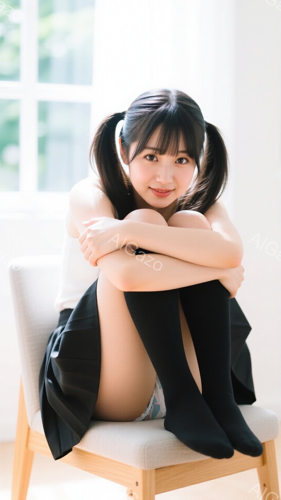 黒髪の少女が椅子に座り、膝を抱えています。白いブラウスと黒いスカート、そして膝上まである黒いソックスを履いています。背景にはぼやけた窓と自然光があり、全体的に柔らかく穏やかな雰囲気です。 - AI生成フリー素材