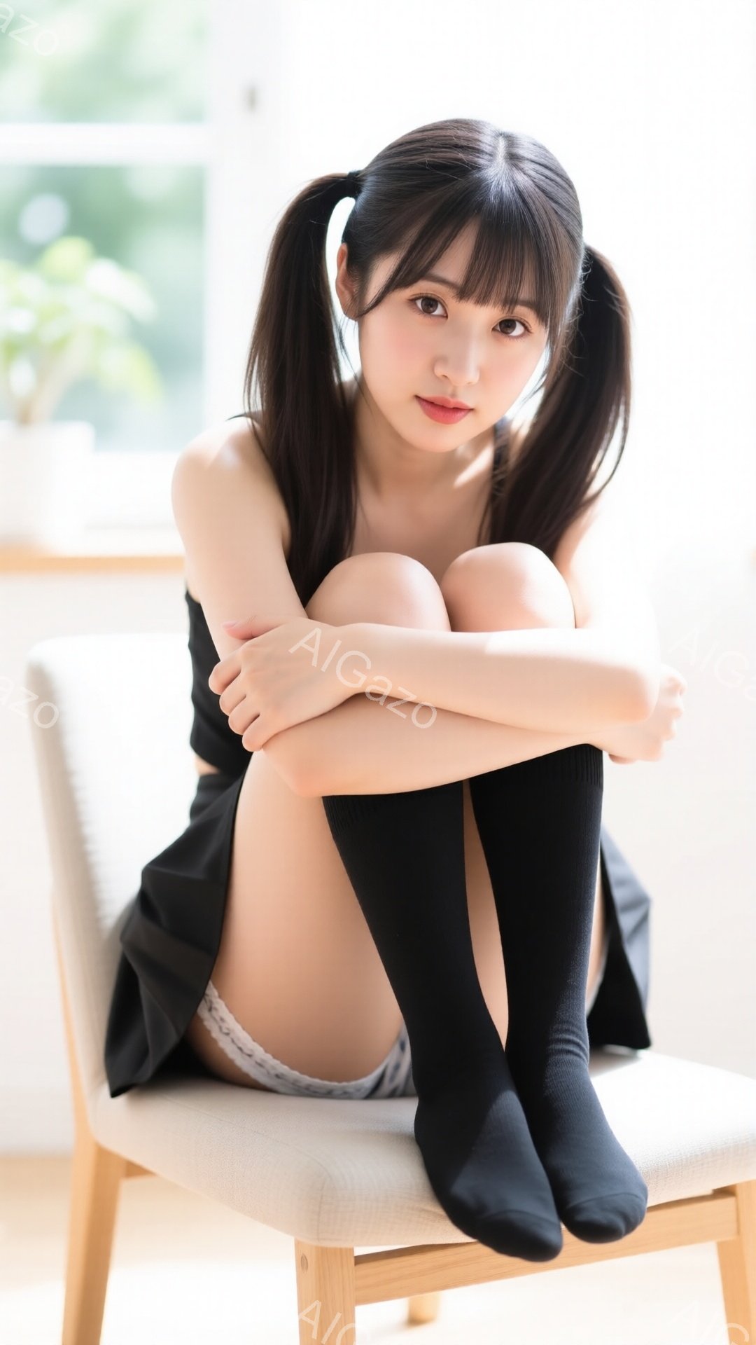 黒髪のツインテールにした若い女性が、膝を抱えて椅子に座っています。黒いミニスカートと白い下着、そして膝上まである黒い靴下を着用しており、少し恥ずかしそうな表情をしています。背景には窓と植物が見え、室内が明るく穏やかな雰囲気を醸し出しています。