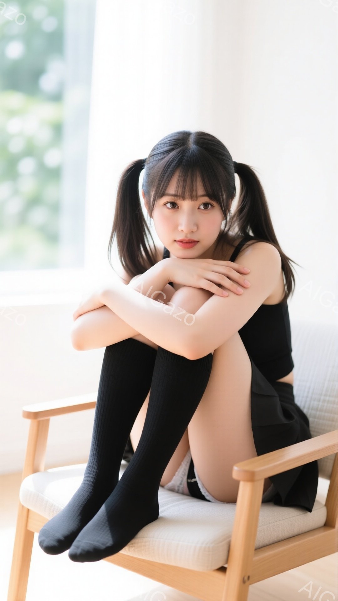 黒いニーハイソックスとミニスカートを身につけた若い女性が、木製の椅子に座って膝を抱えています。彼女は明るい茶色の髪をツインテールにし、少し微笑んでいます。背景にはぼやけた窓があり、自然光が差し込んで、 - AI生成フリー素材