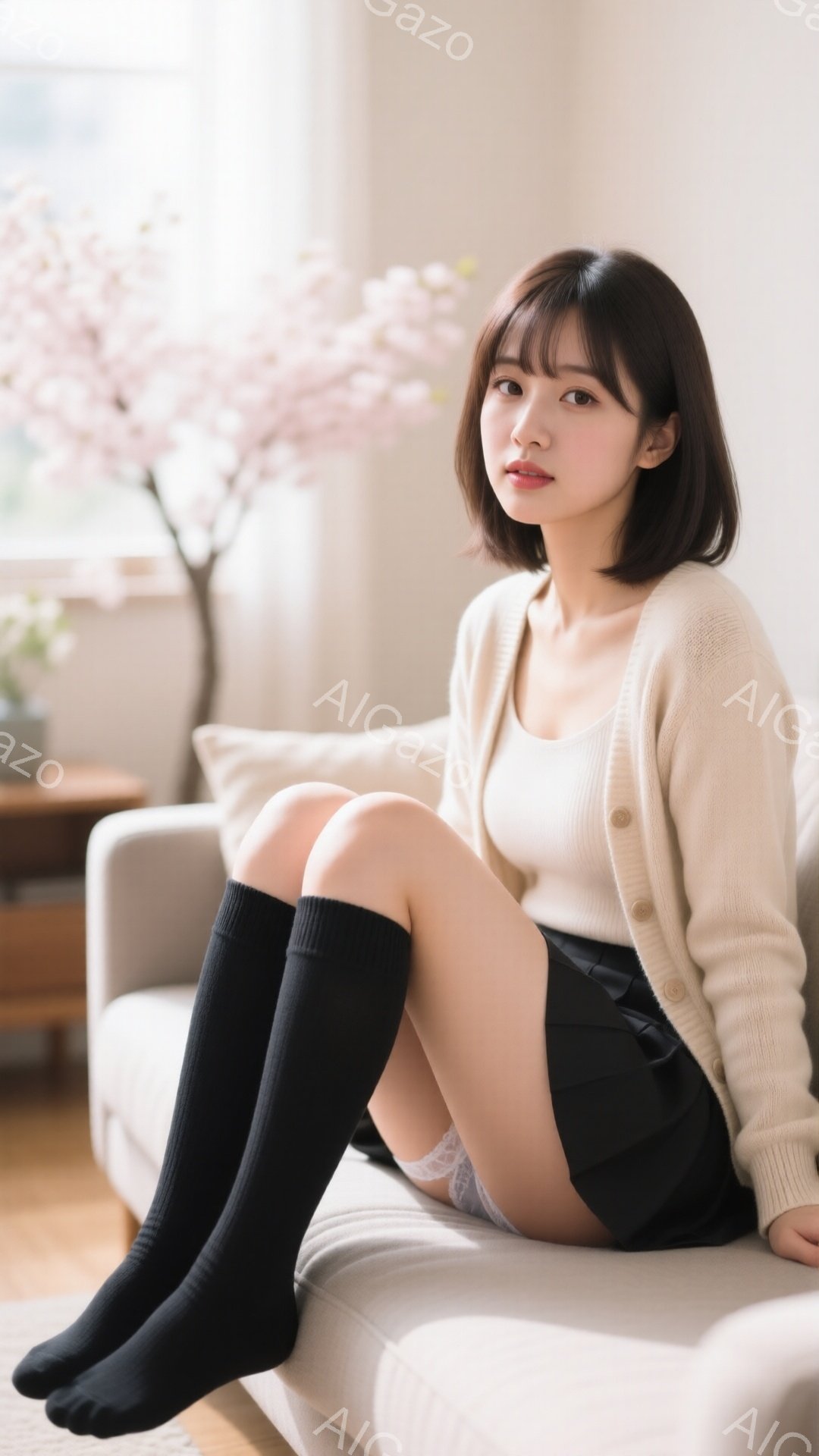 若い女性がクリーム色のカーディガンと白いタンクトップ、黒いニーハイソックスを履いて、ベージュ色のソファに座っています。彼女は短い茶色の髪で、少し微笑んでいます。背景にはピンク色の花が咲いた枝が見え、部 - AI生成フリー素材