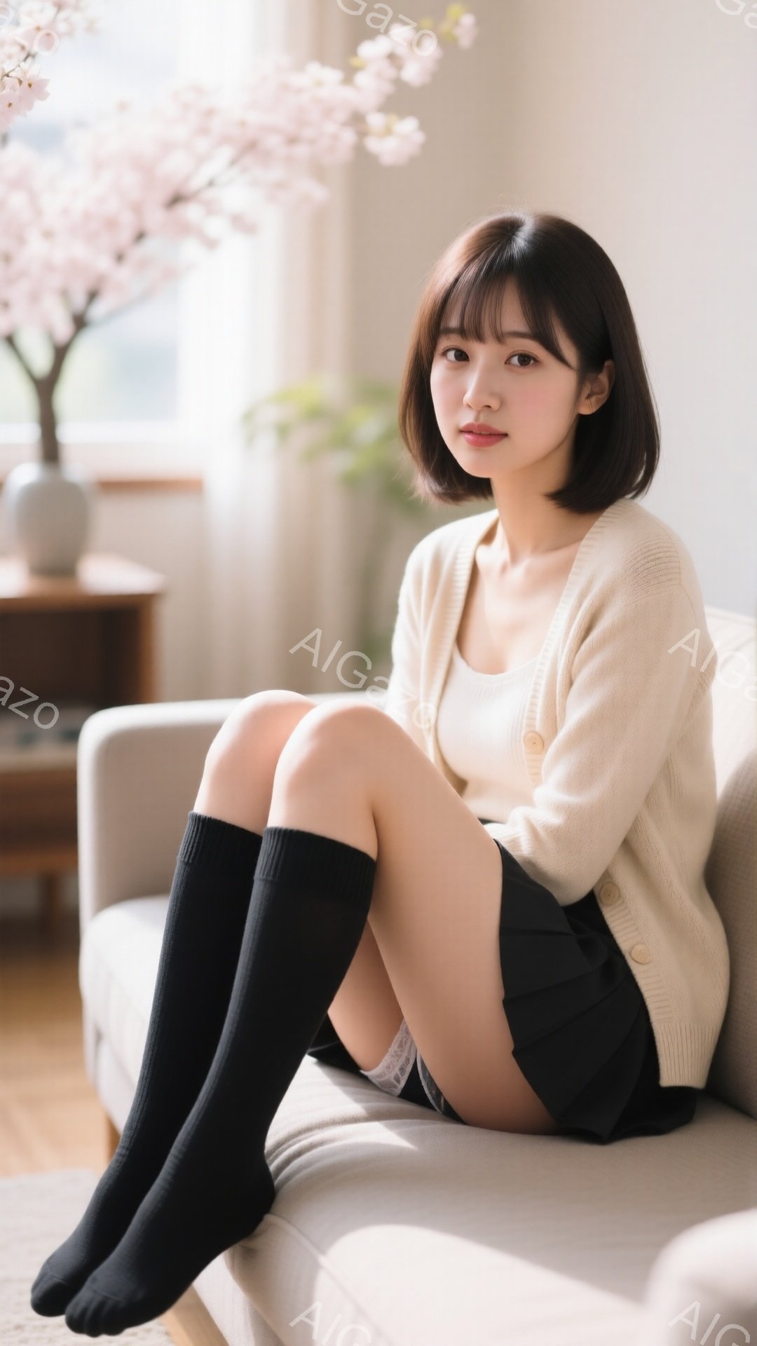 明るい部屋のソファに座る若い女性が写っている。ベージュのカーディガンに黒いニーハイソックスを履き、ミニスカートを合わせている。彼女は軽く微笑み、落ち着いた表情でこちらを見ている。 - AI生成フリー素材
