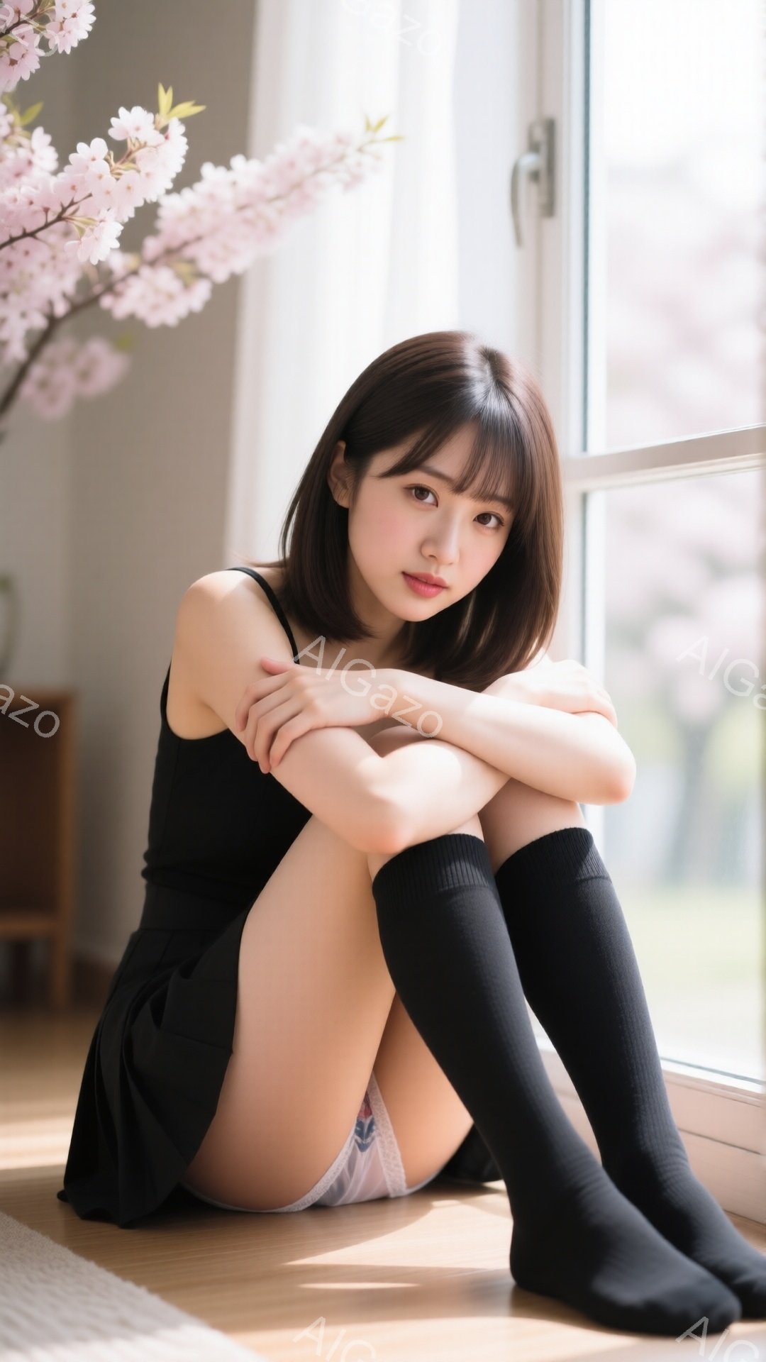 暗い髪の女性が窓辺に座り、膝を抱えています。黒いキャミソールとプリーツスカート、そして膝丈の黒いソックスを履いています。窓の外には桜の木が見え、春の穏やかな雰囲気が漂っています。 - AI生成フリー素材