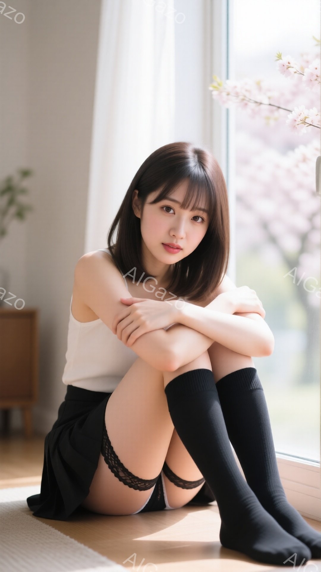 黒髪のボブヘアで、前髪が目にかかる女性が描かれています。白いタンクトップと黒いミニスカート、黒いニーハイソックスを着用し、両膝を抱えて床に座っています。背景には、桜の木が見える窓と木製のキャビネットが - AI生成フリー素材
