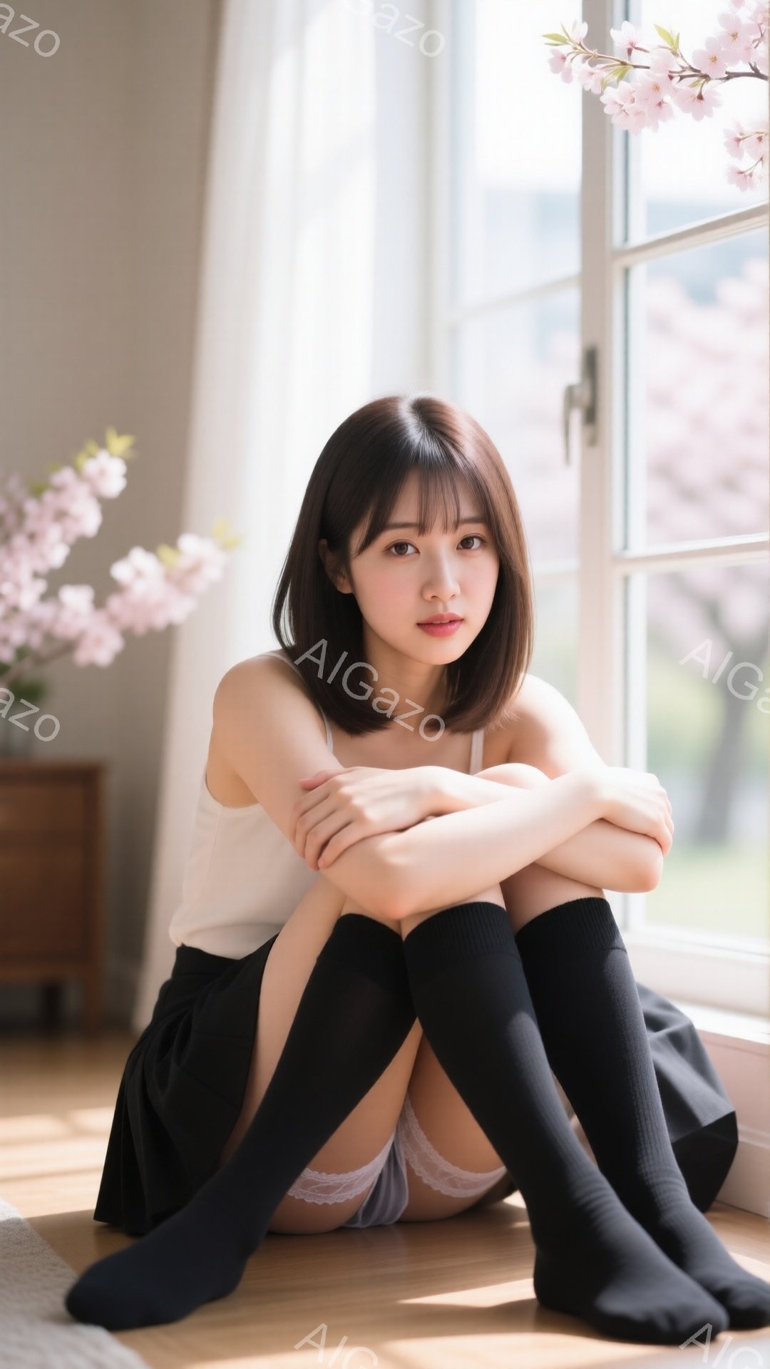 彼女は短い黒髪で、前髪が目に少しかかっています。白いタンクトップと黒いプリーツスカート、そして膝丈の黒いソックスを履いています。彼女は床に座り、腕を組んで少し寂しげな表情をしています。