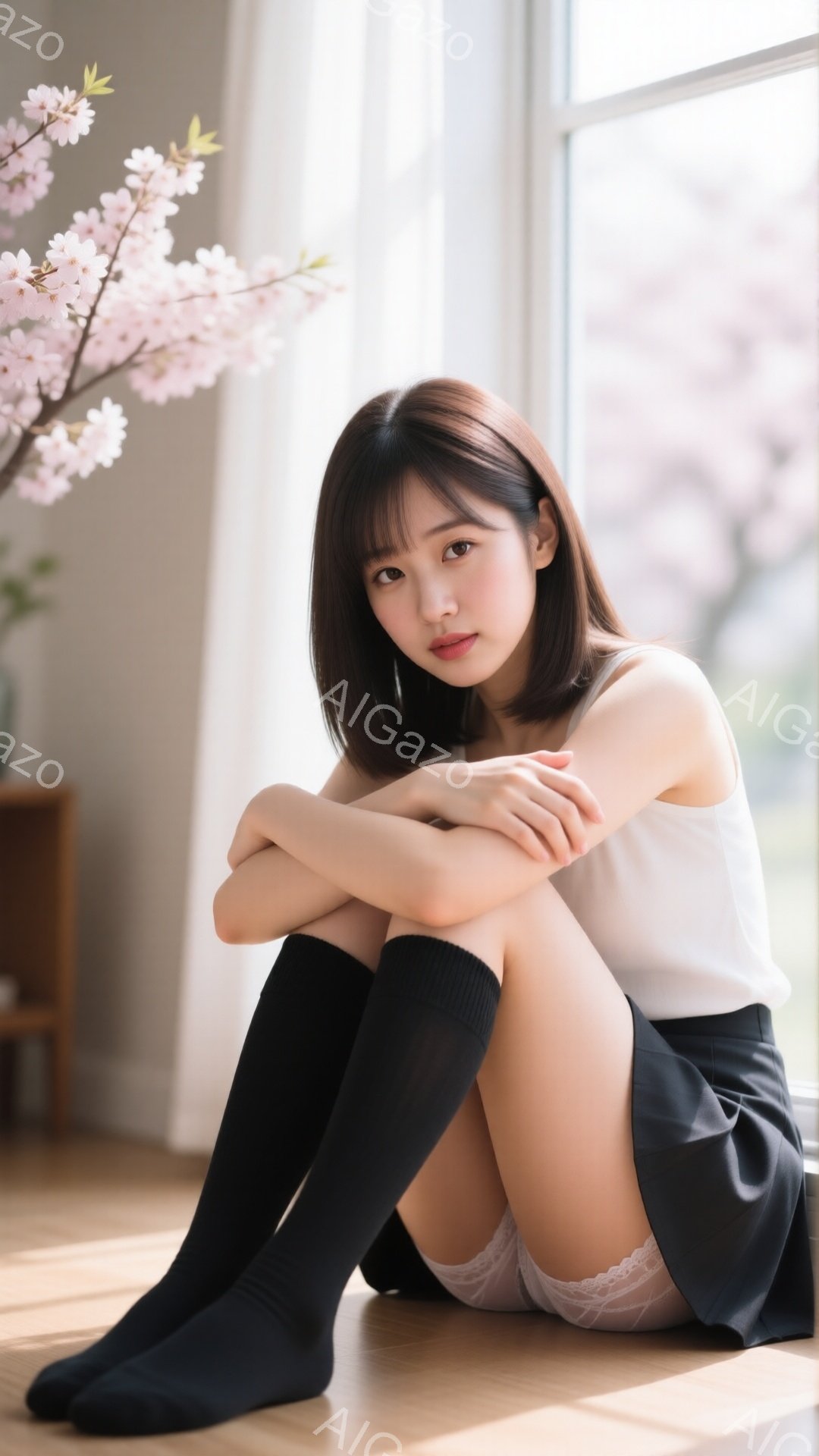 明るい窓辺で、短いスカートと白いトップス、黒いニーハイソックスを着用した若い女性が床に座って膝を抱えています。彼女は肩までの長さの茶髪で、わずかに微笑んでおり、落ち着いた表情です。背景には桜の枝が飾られ、木製の床と柔らかな光が温かく穏やかな雰囲気を醸し出しています。