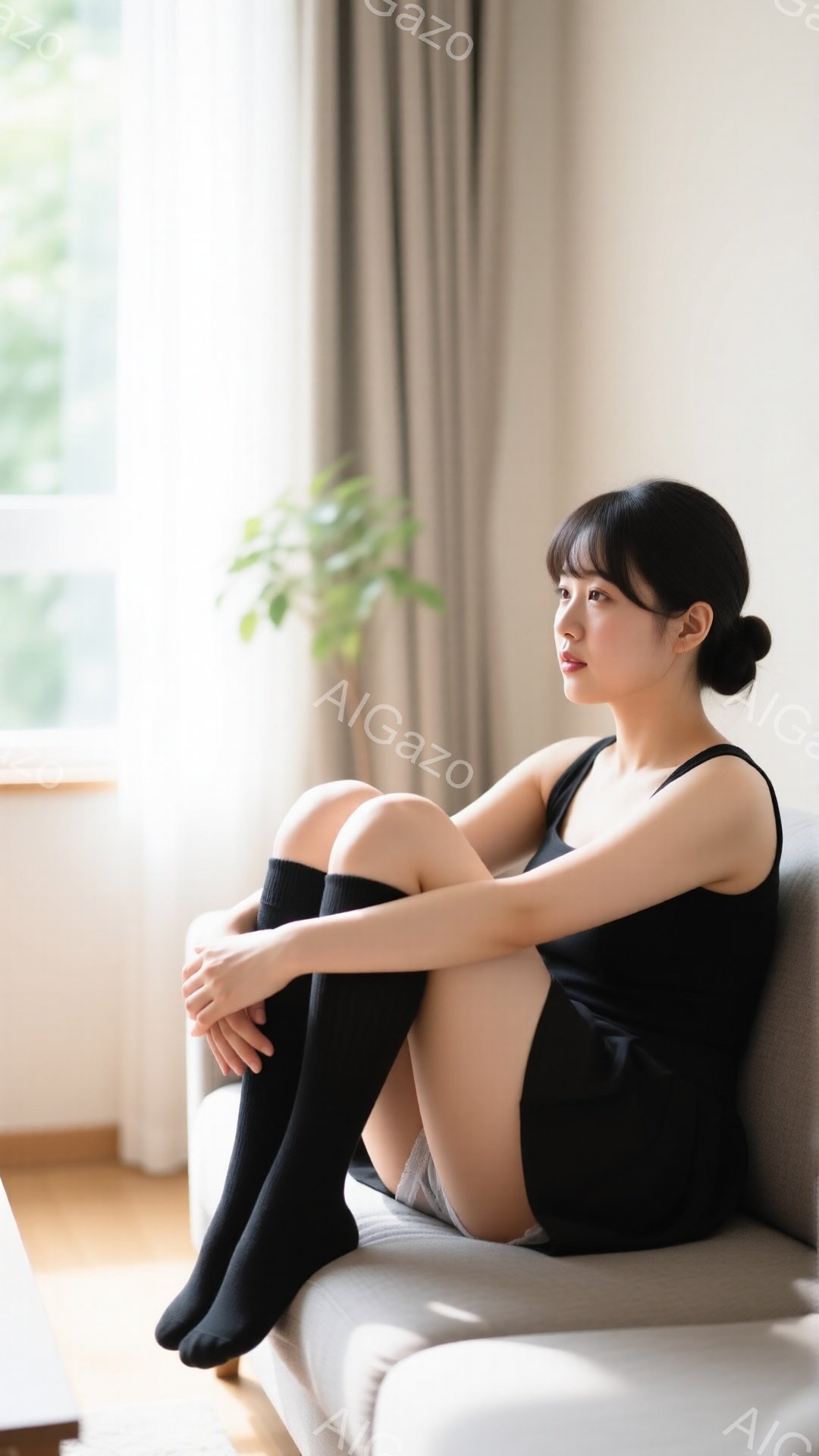 画像には、黒いハイソックスと黒いキャミソール、薄いグレーのショーツを着た若い女性が、明るいベージュ色のソファに座って描かれています。彼女は足を組んで座り、少し唇を閉じた憂いのある表情で、窓の外を見つめています。背景には、光が差し込む窓と緑の植物があり、全体的に静かでリラックスした雰囲気が漂っています。