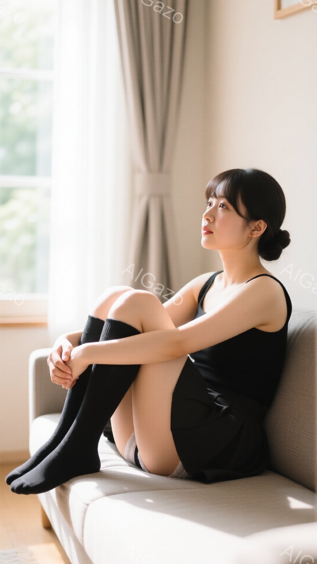 黒いオーバーニーソックスと黒いトップスを着た若い女性が、明るい灰色のソファに座って膝を抱えています。彼女は髪を後ろでまとめ、横顔で少し遠くを見つめており、静かで物憂げな表情をしています。背景には白いカーテンと自然光が差し込む窓があり、室内は穏やかでリラックスした雰囲気が漂っています。