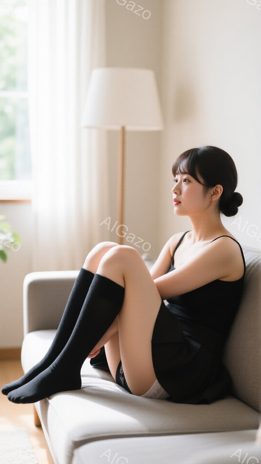 長い黒い靴下と黒いキャミソールを着た若い女性が、明るいリビングルームのソファに座っています。彼女は膝を抱え、横を向いて少し憂いのある表情をしています。背景には窓とフロアランプが見え、室内は柔らかい光で満たされ、落ち着いた雰囲気が漂っています。