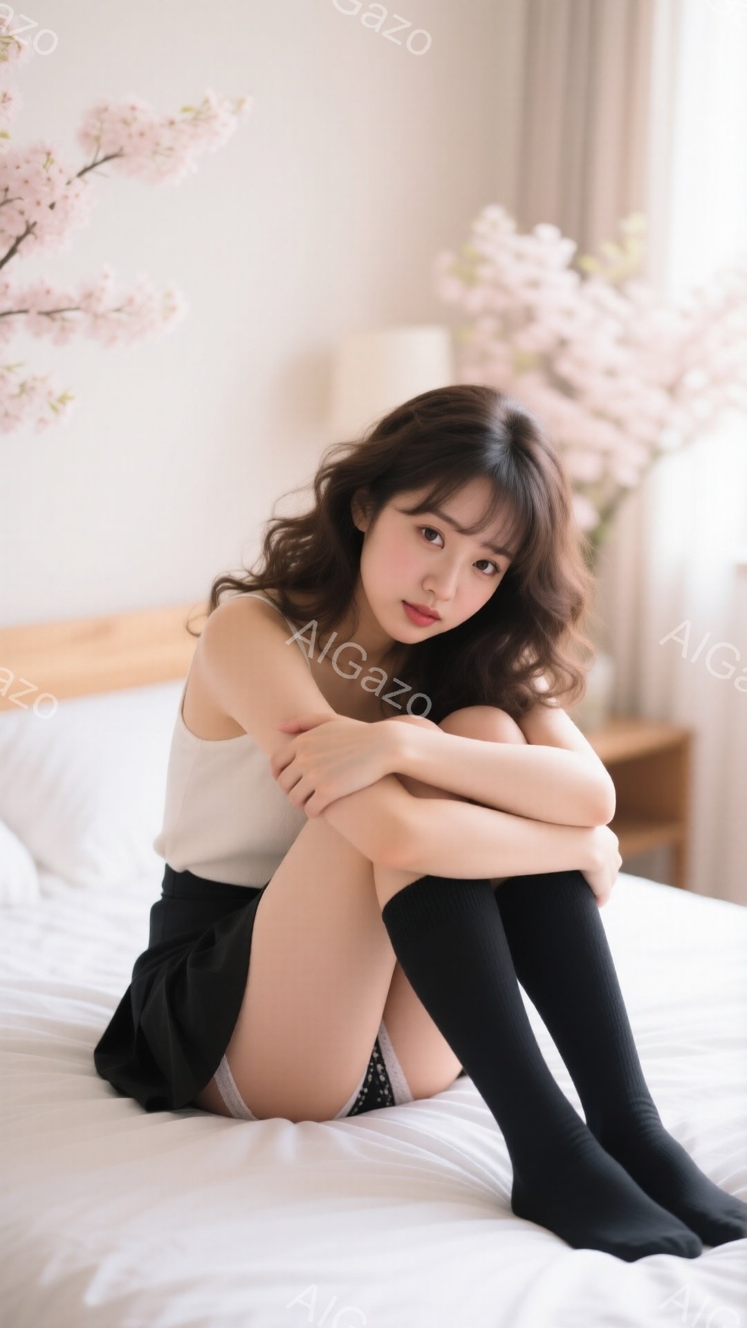長い巻き毛の髪をした若い女性が、白いタンクトップと黒いミニスカート、そして黒いニーハイソックスを身に着けて白いベッドに座っています。彼女は膝を抱え、少し憂いのある表情を浮かべています。背景には、薄桃色 - AI生成フリー素材