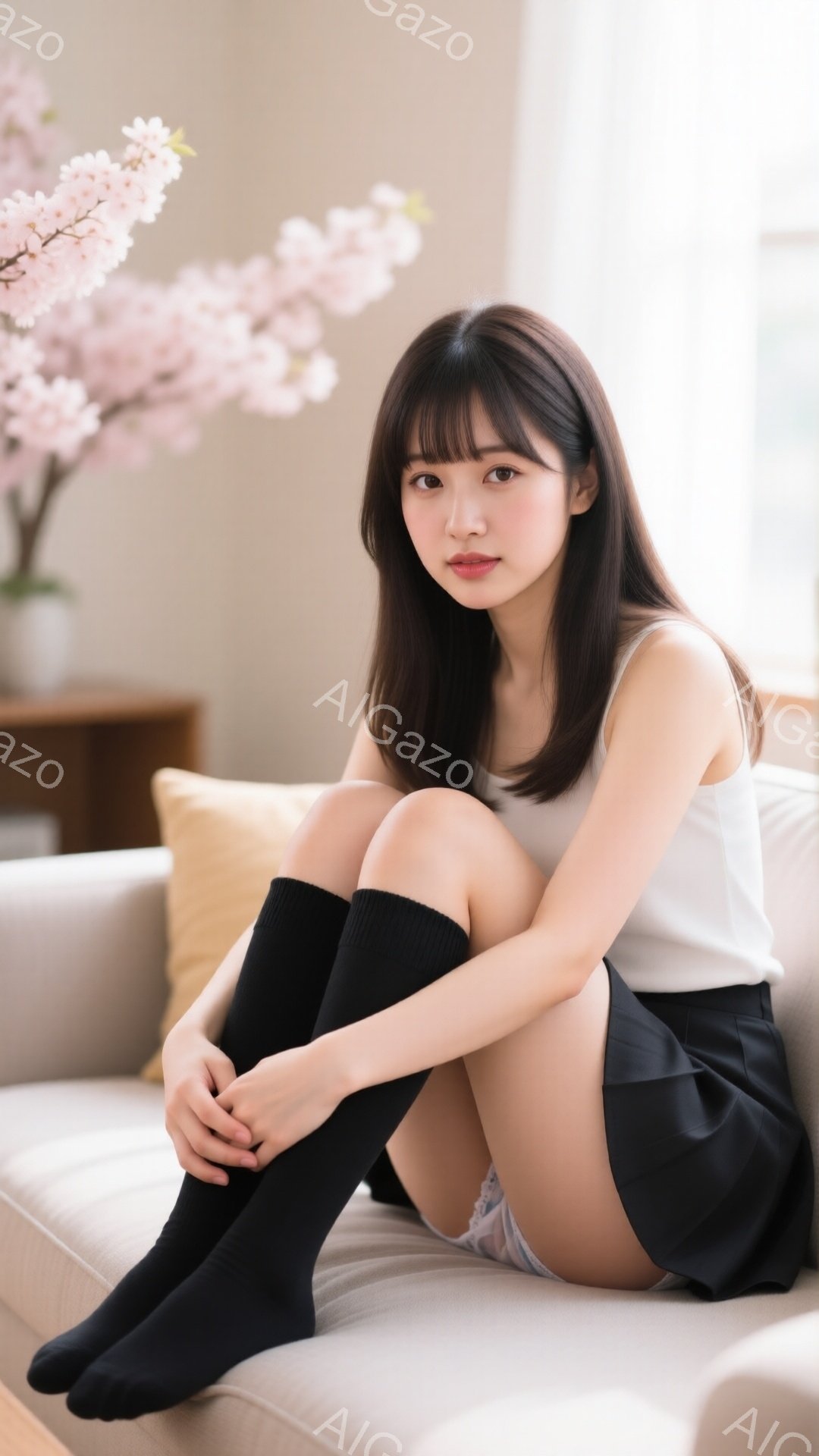 長い黒髪で、前髪は目にかかるようにカットされた若い女性がソファに座っています。白いタンクトップと黒いニーハイソックス、そして黒いミニスカートを着用しており、膝を抱えてリラックスしたポーズをとっています - AI生成フリー素材