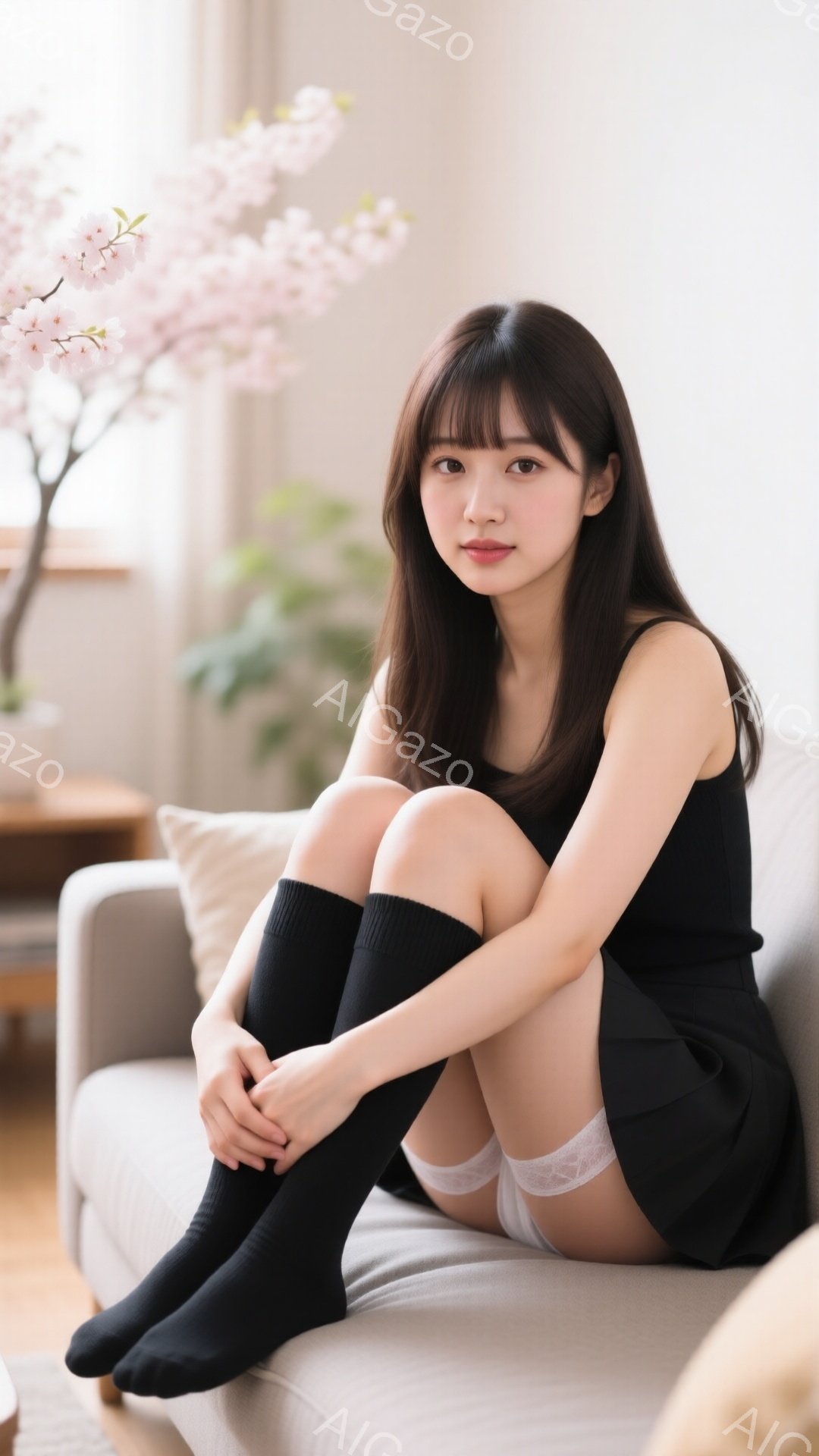 長い黒髪で前髪のある若い女性が、膝を抱えてベージュのソファに座っています。彼女は黒のキャミソールとミニスカート、膝丈の黒いソックスを着用しており、少し微笑んでいます。背後には薄いピンク色の桜の枝と観葉 - AI生成フリー素材