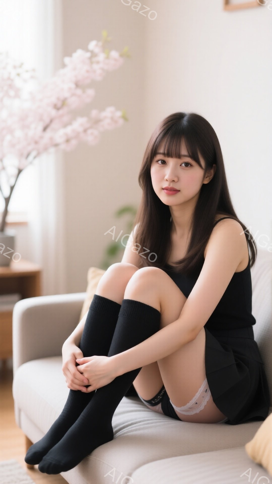 長いダークブラウンの髪に前髪がぱっつんとした女性が、ベージュ色のソファに座って膝を抱えています。黒いタンクトップとミニスカート、膝丈の黒い靴下を着用し、少し微笑んでいます。背景には、桜の枝と木製のキャビネットがあり、明るく柔らかい雰囲気です。
