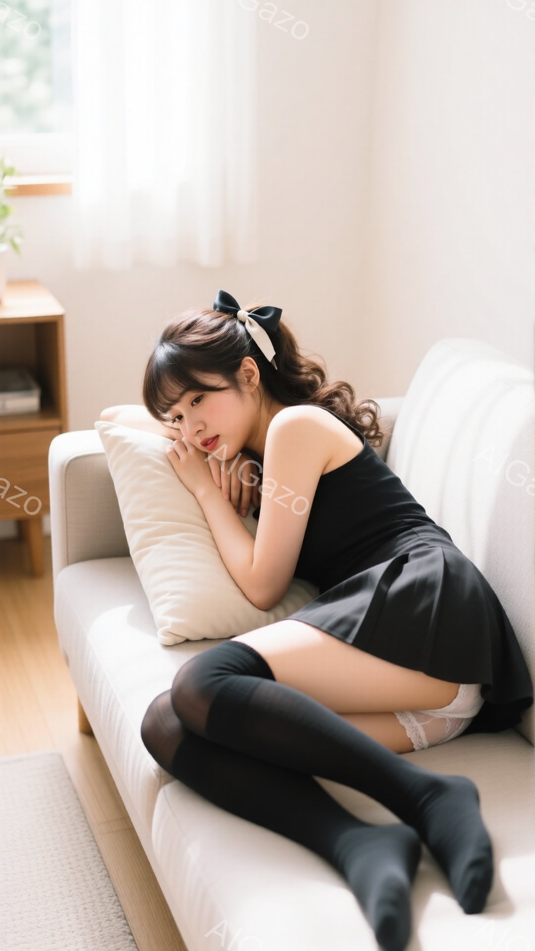 黒いミニスカートとタンクトップを着た若い女性が、クリーム色のソファーに横たわっています。彼女は膝を曲げ、片腕を枕にして、リラックスした表情でカメラを見ています。背景には、木製のサイドテーブルと明るい窓 - AI生成フリー素材