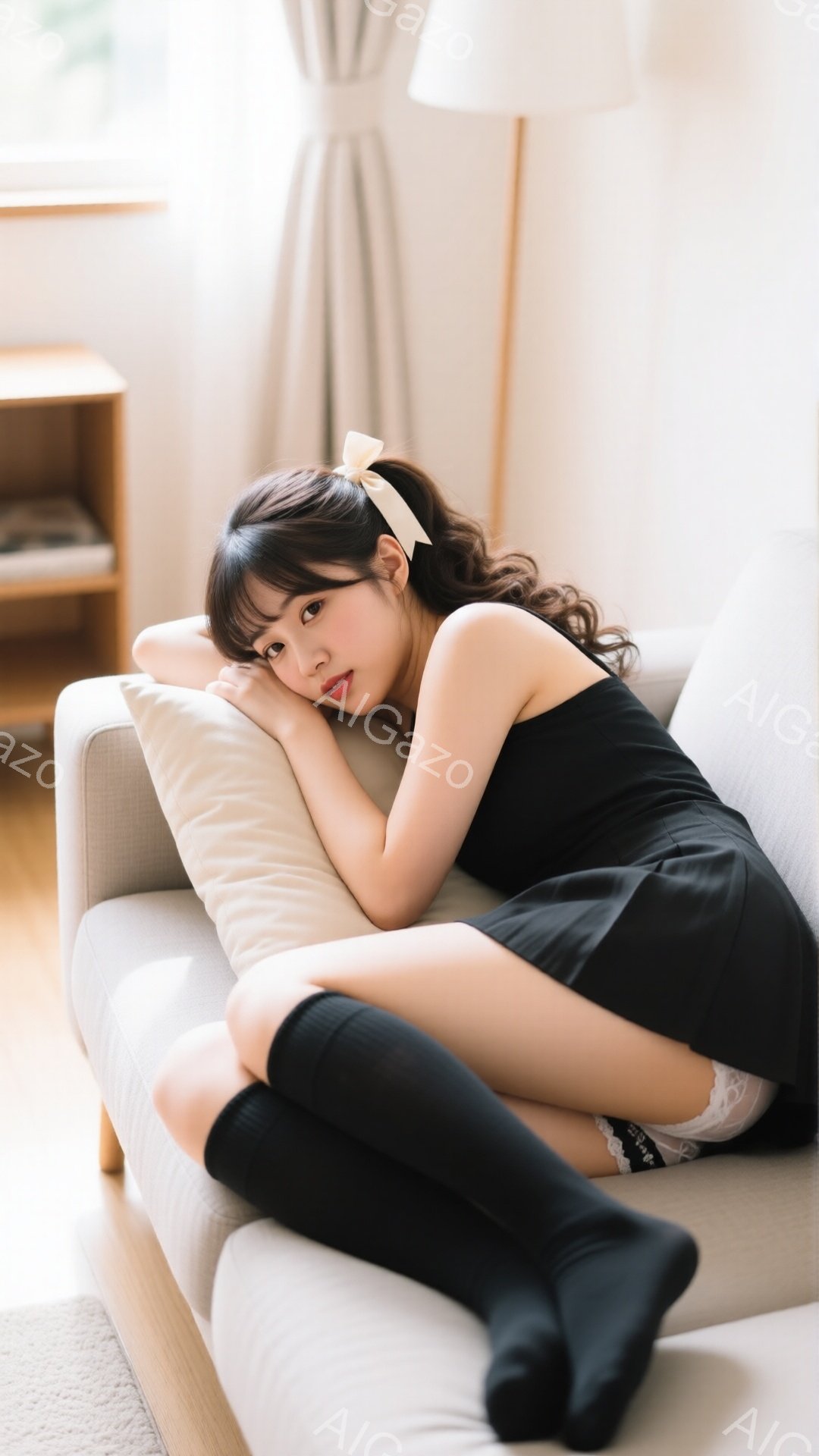 黒いミニドレスとニーハイソックスを身に着けた女性が、白いソファに横たわっています。彼女は髪を後ろでポニーテールにし、リボンで飾っており、片手を枕にしてリラックスした表情をしています。背景には、窓から差し込む自然光と、シンプルな家具が見えます。