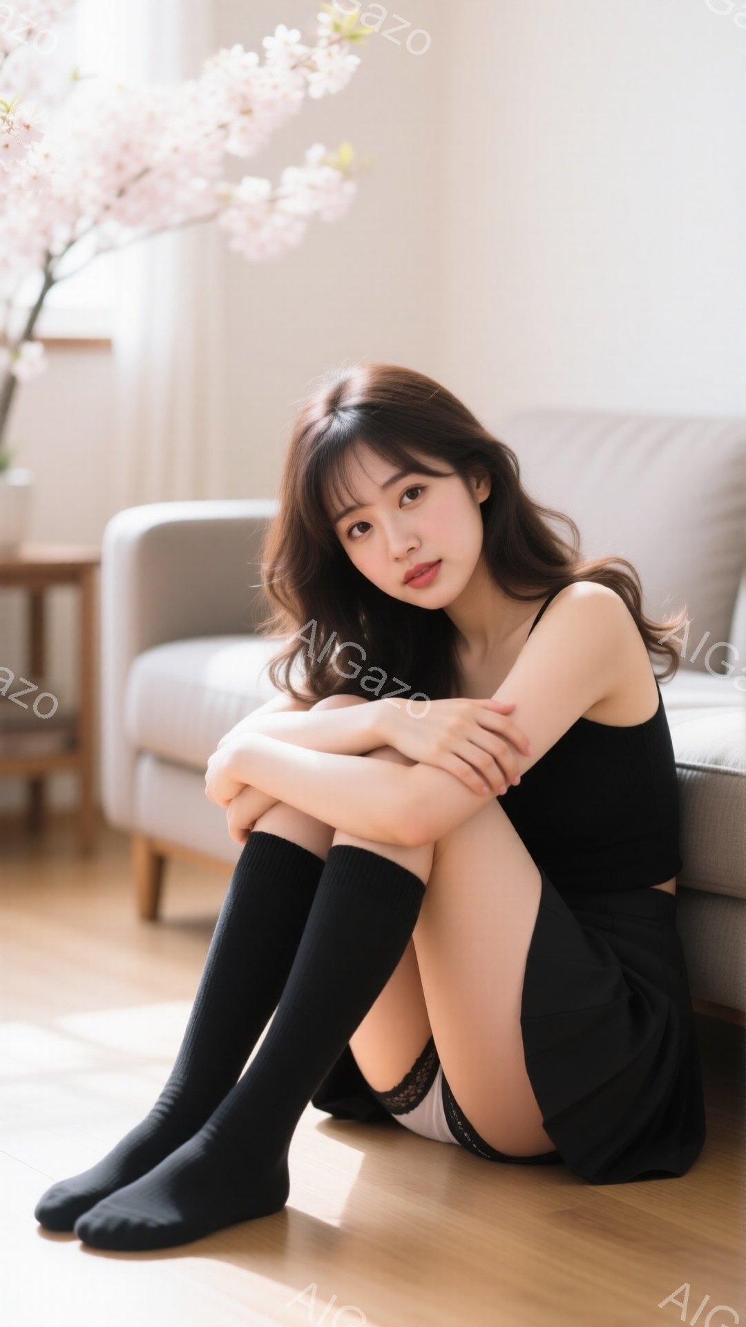 長い茶色の髪をした若い女性が床に座り、膝を抱えています。彼女は黒のキャミソールとプリーツスカート、そして膝丈の黒いソックスを履いています。背景にはクリーム色のソファと桜の花が飾られたテーブルがあり、明 - AI生成フリー素材