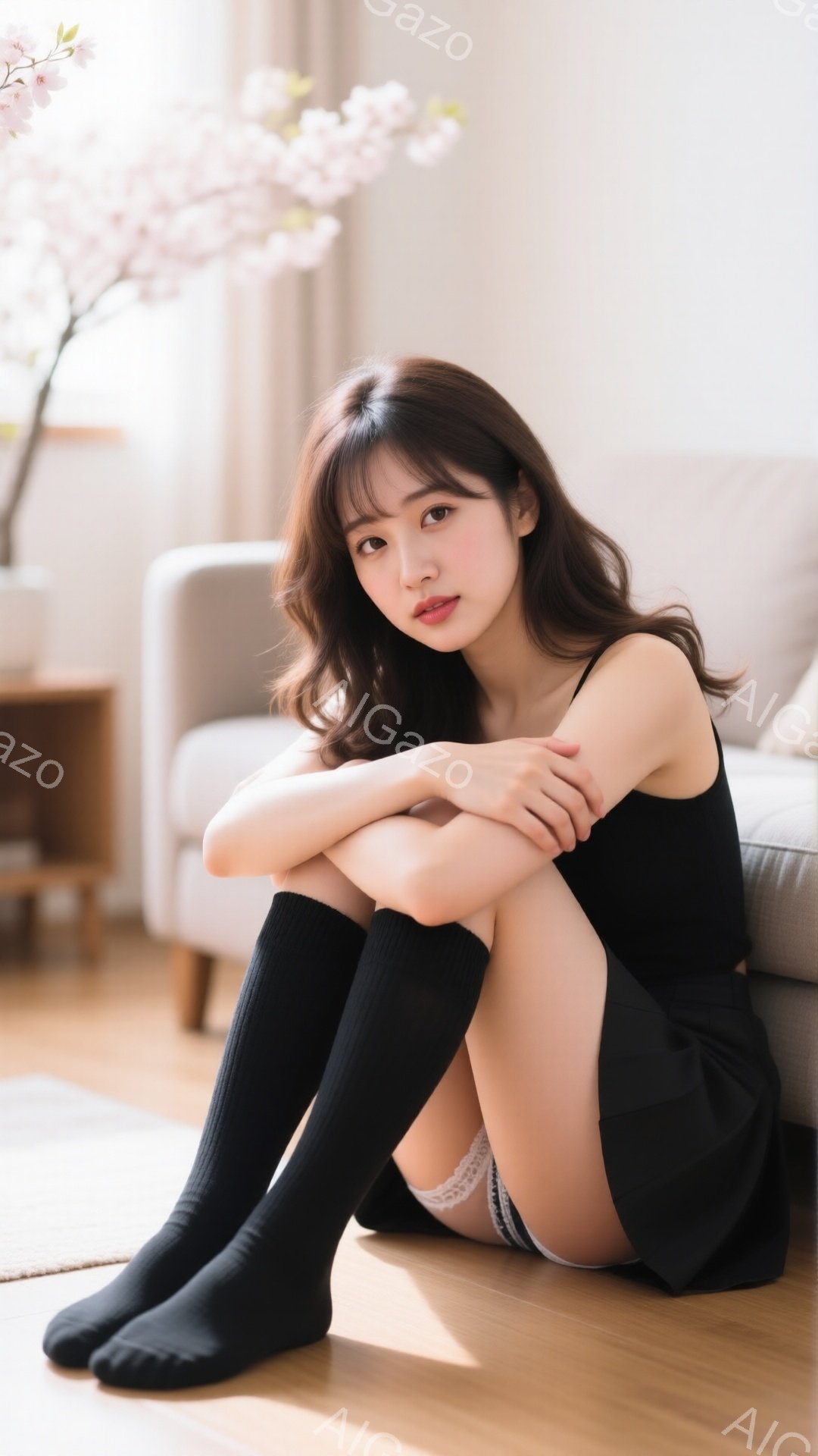 黒いキャミソールと短いスカートを身に着けた女性が、フローリングの床に座って膝を抱えています。彼女は長い茶色の髪をしており、わずかに微笑んでいます。背景にはオフホワイトのソファと、花瓶に入った桜の枝が見え、室内は暖かく落ち着いた雰囲気です。