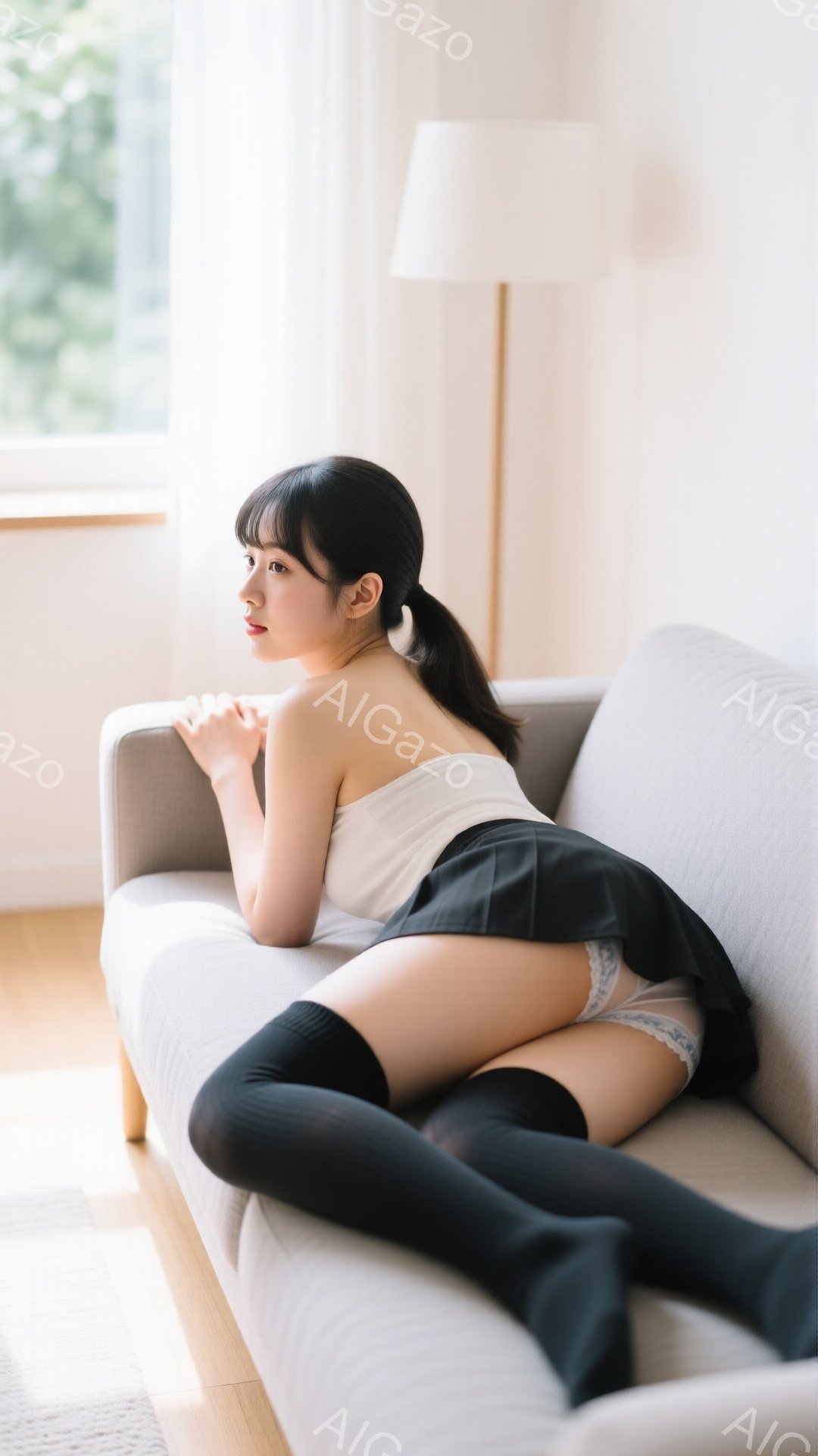 長い黒髪をポニーテールにし、白いタンクトップと黒のプリーツスカート、そして黒のオーバーニーソックスを身につけた女性が、灰色のソファに横たわっている。彼女はソファにもたれかかり、顔を少し傾けて遠くを見つ - AI生成フリー素材