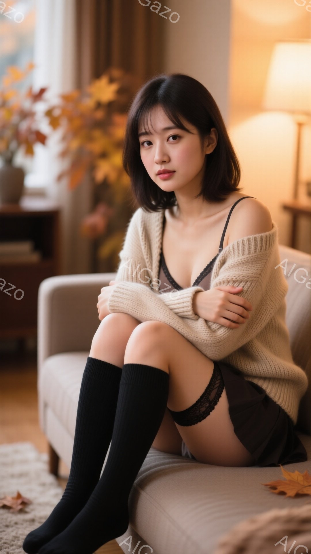 長い黒髪の女性が、ベージュのニットカーディガンと黒いオーバーニーソックス、レースのブラレットとスカート姿でソファに座っている。彼女は膝を抱え、リラックスした様子でカメラを見つめている。背景には暖色系の - AI生成フリー素材